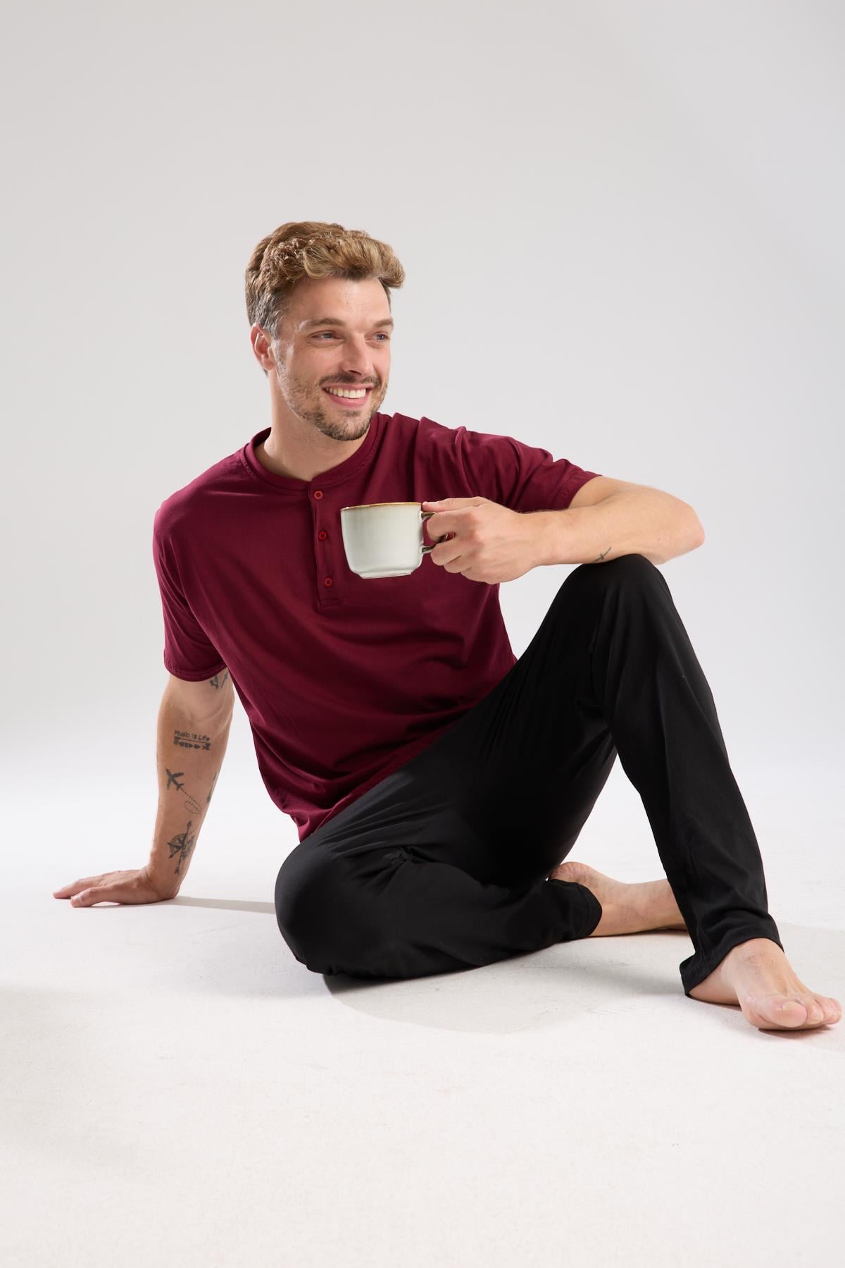 Akbeniz Erkek Bordo Düğmeli Yaka Kısa Kol Pijama Takımı