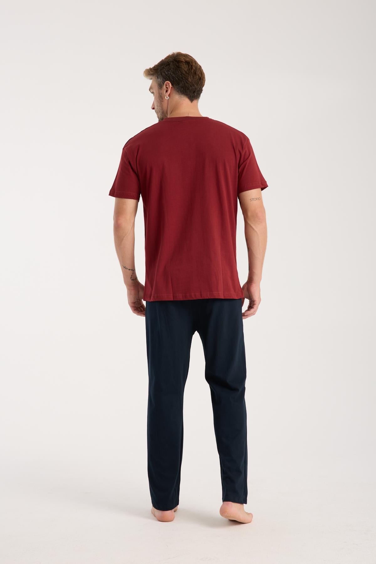 Akbeniz Erkek Bordo Düğmeli Yaka Kısa Kol Pijama Takımı