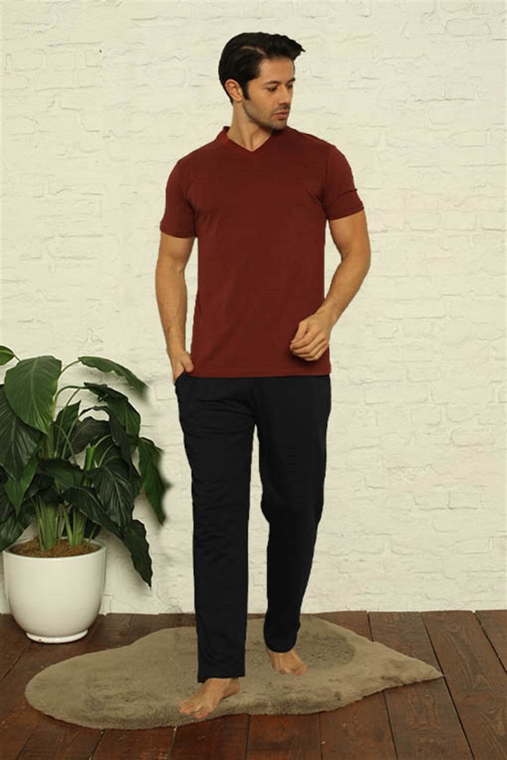 Akbeniz Erkek Bordo V Yaka 3lü Pijama Takım 6822