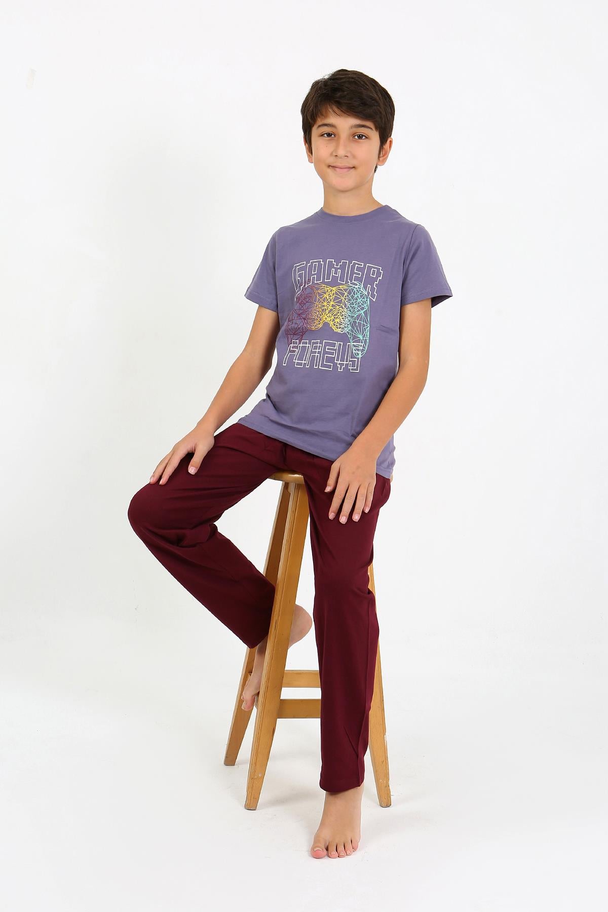 Akbeniz Erkek Çocuk Kısa Kol Penye Pijama Takım 20758 Mor