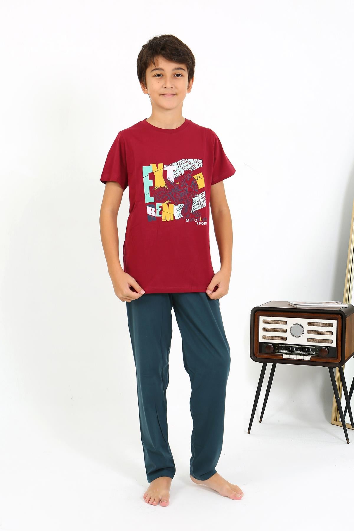 Akbeniz Erkek Çocuk Kısa Kol Penye Pijama Takım 20758 Bordo