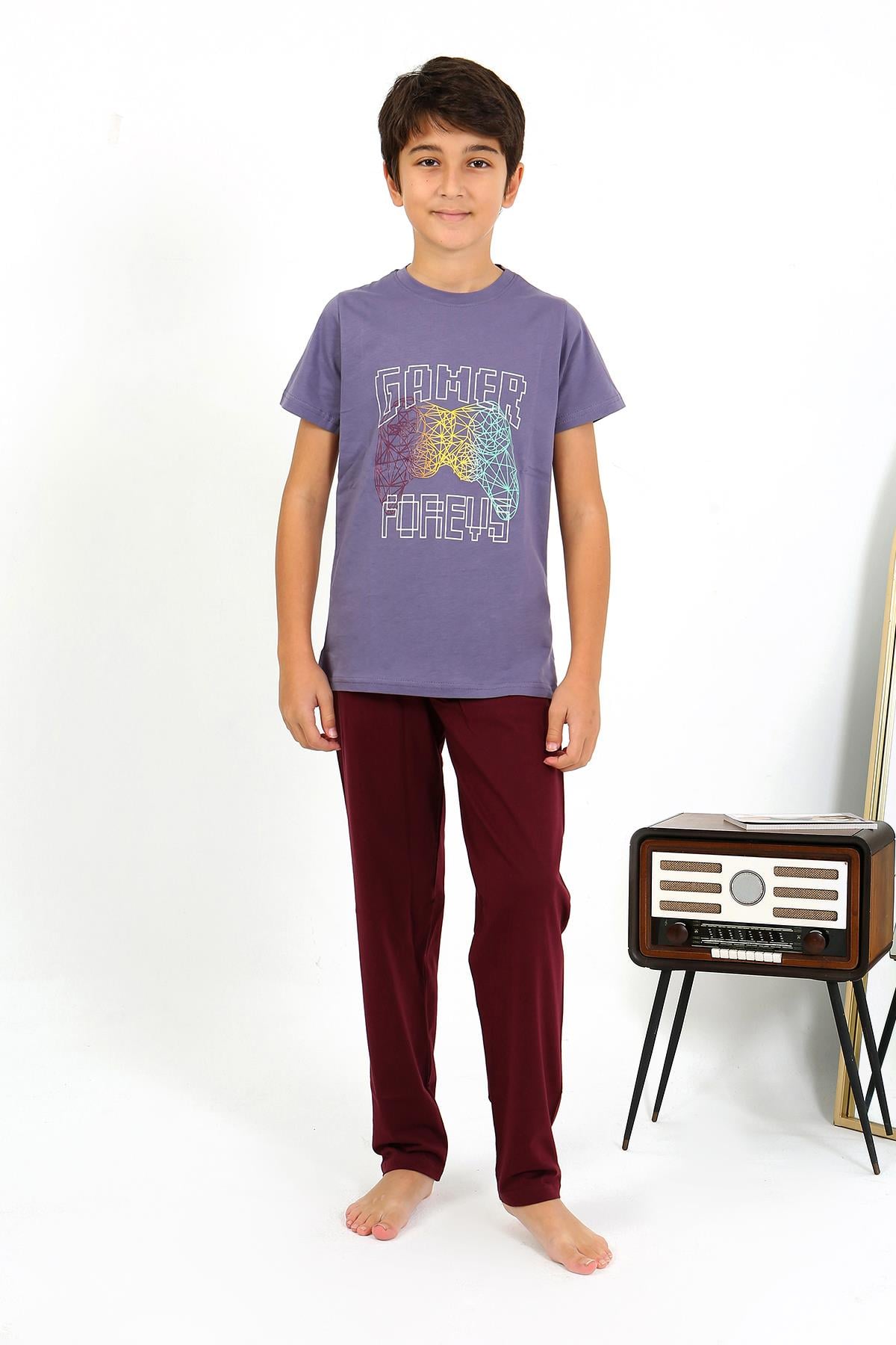 Akbeniz Erkek Çocuk Kısa Kol Penye Pijama Takım 20758 Mor