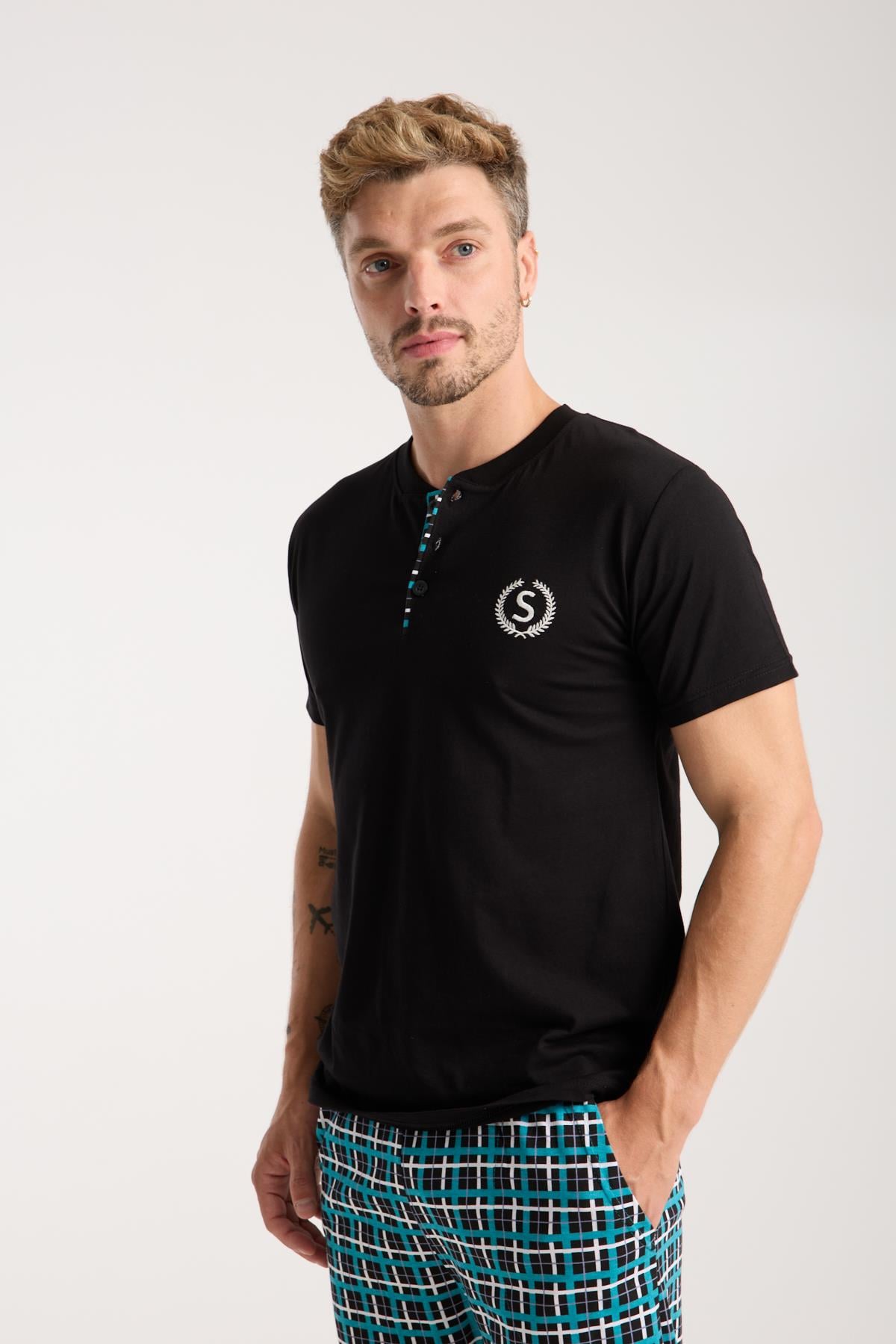 Akbeniz Erkek Düğmeli Yaka Siyah Kısa Kol Pijama Takımı