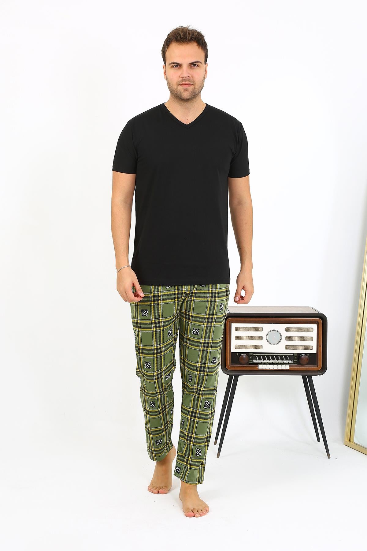 Akbeniz Erkek Ekoseli Desen Penye Tek Alt Pijama 27540 Haki