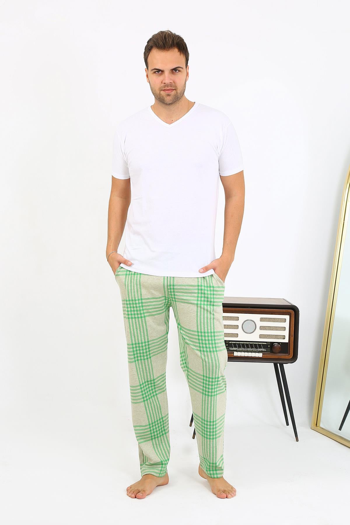 Akbeniz Erkek Ekoseli Desen Penye Tek Alt Pijama 27540 Yeşil