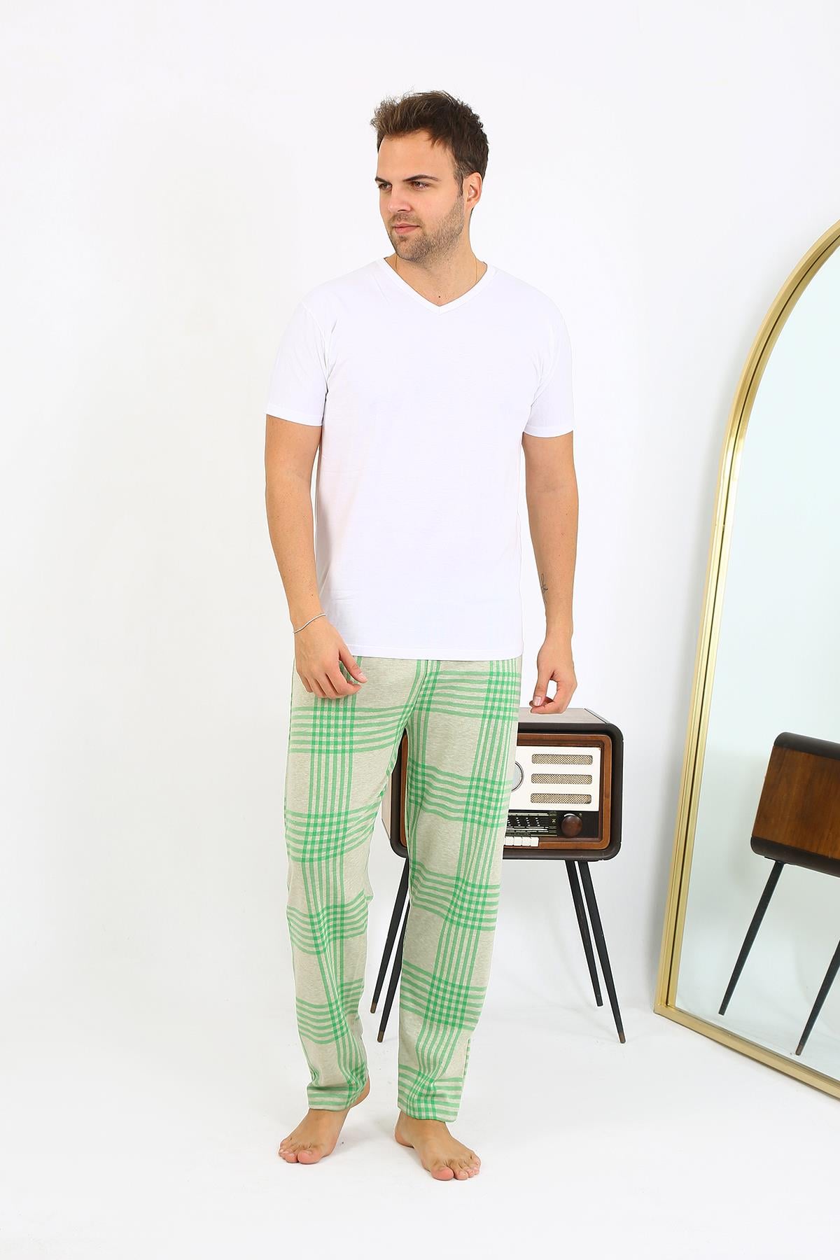 Akbeniz Erkek Ekoseli Desen Penye Tek Alt Pijama 27540 Yeşil
