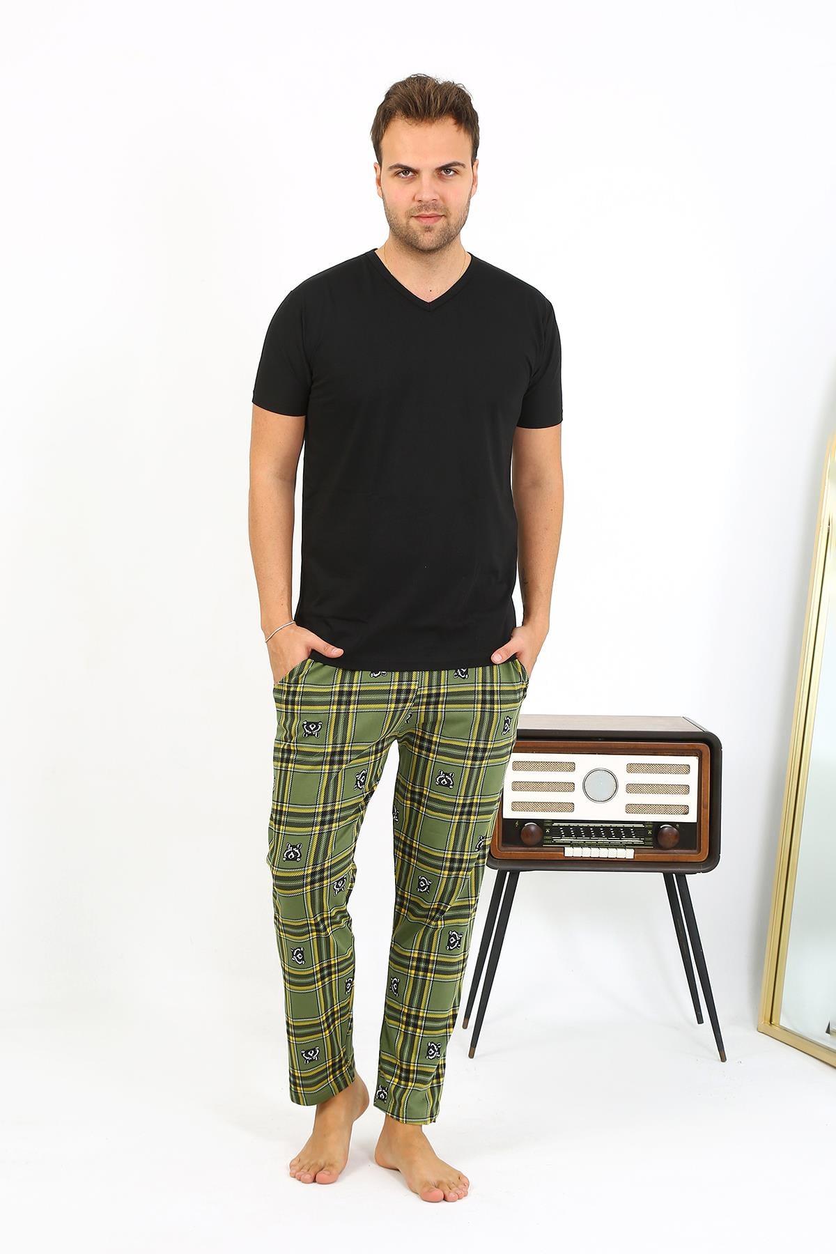 Akbeniz Erkek Ekoseli Desen Penye Tek Alt Pijama 27540 Haki