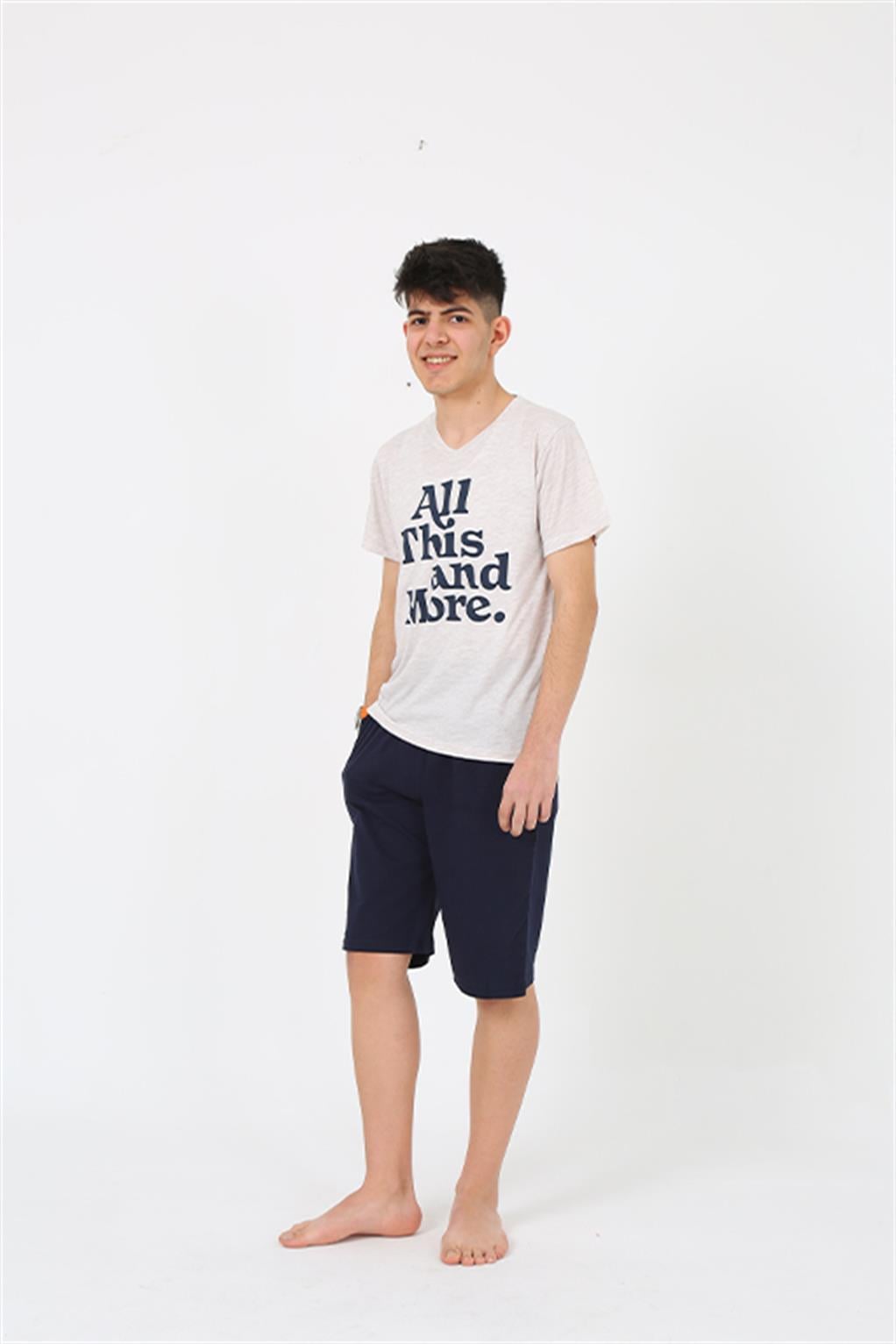 Akbeniz Erkek Genç Garson Boy Kısa Kol Krem Penye Şortlu Pijama Takımı 20377