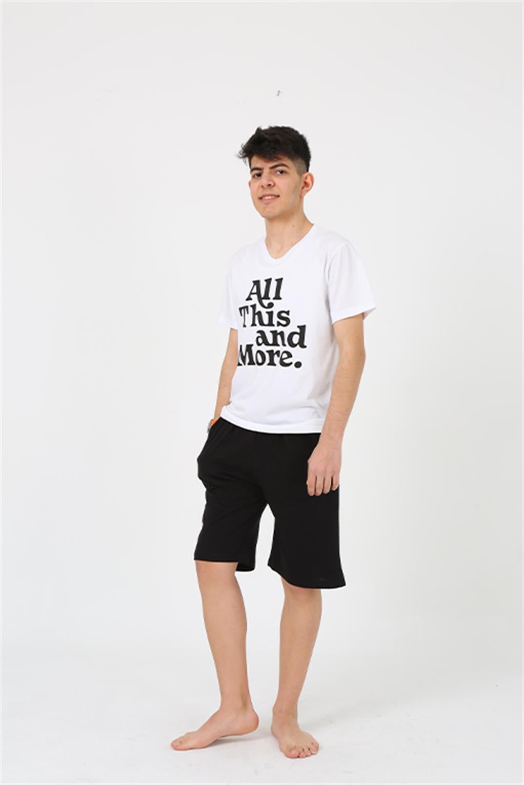 Akbeniz Erkek Genç Garson Boy Kısa Kol Beyaz Penye Şortlu Pijama Takımı 20377