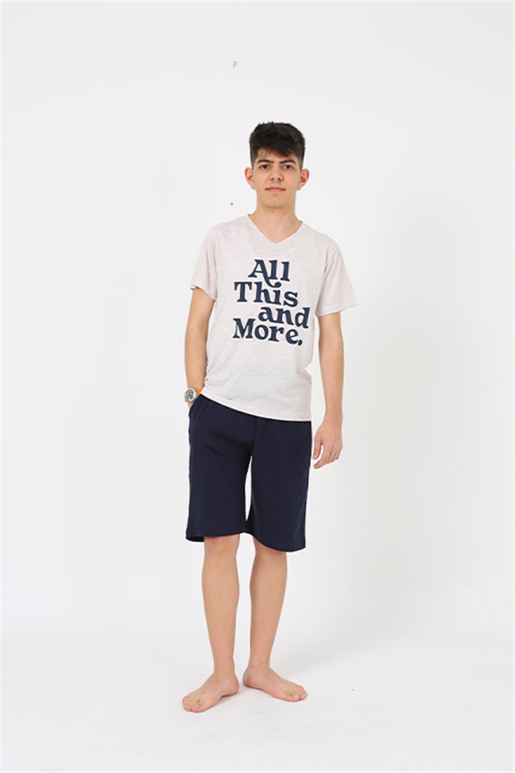 Akbeniz Erkek Genç Garson Boy Kısa Kol Krem Penye Şortlu Pijama Takımı 20377