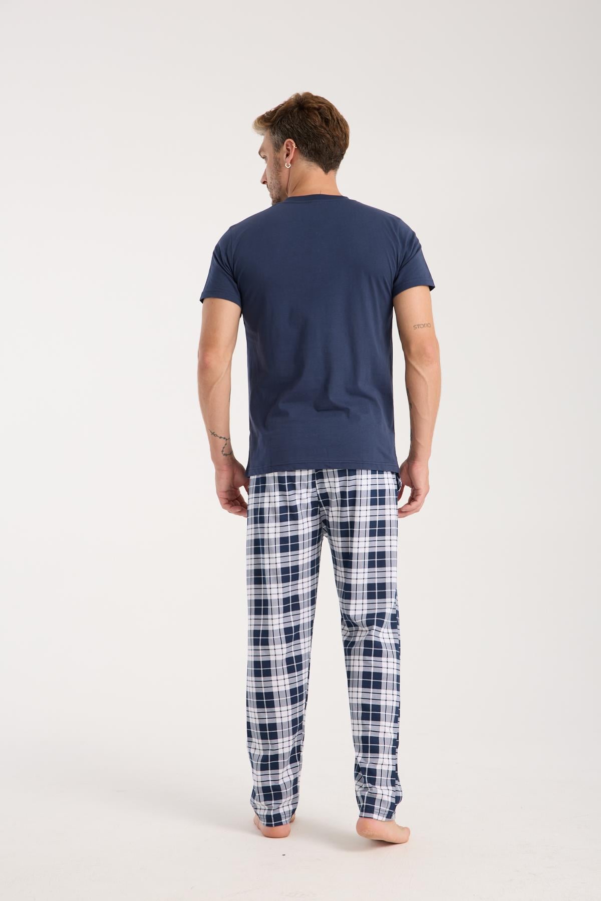 Akbeniz Erkek Lacivert Düğmeli Yaka Kısa Kol Pijama Takımı
