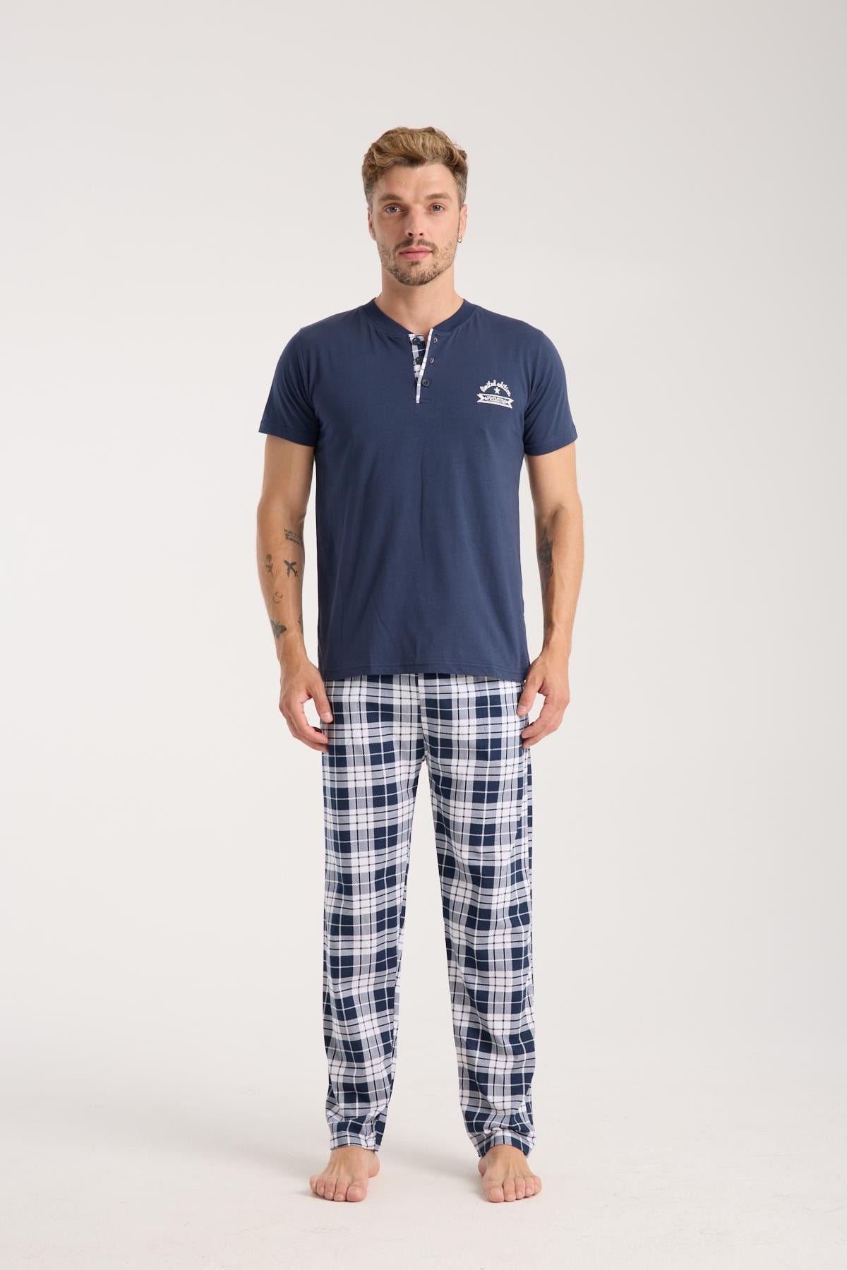 Akbeniz Erkek Lacivert Düğmeli Yaka Kısa Kol Pijama Takımı