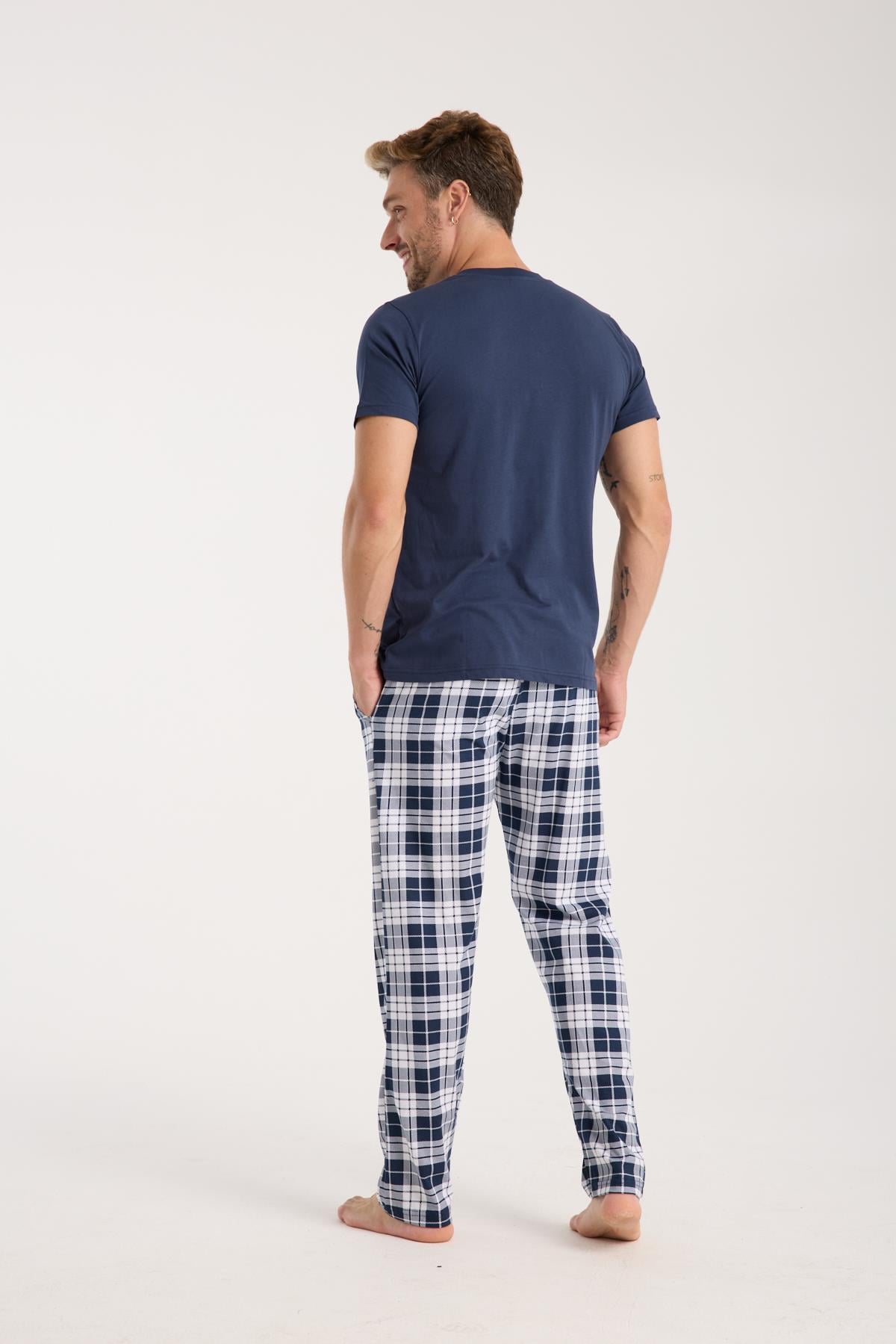 Akbeniz Erkek Lacivert Düğmeli Yaka Kısa Kol Pijama Takımı