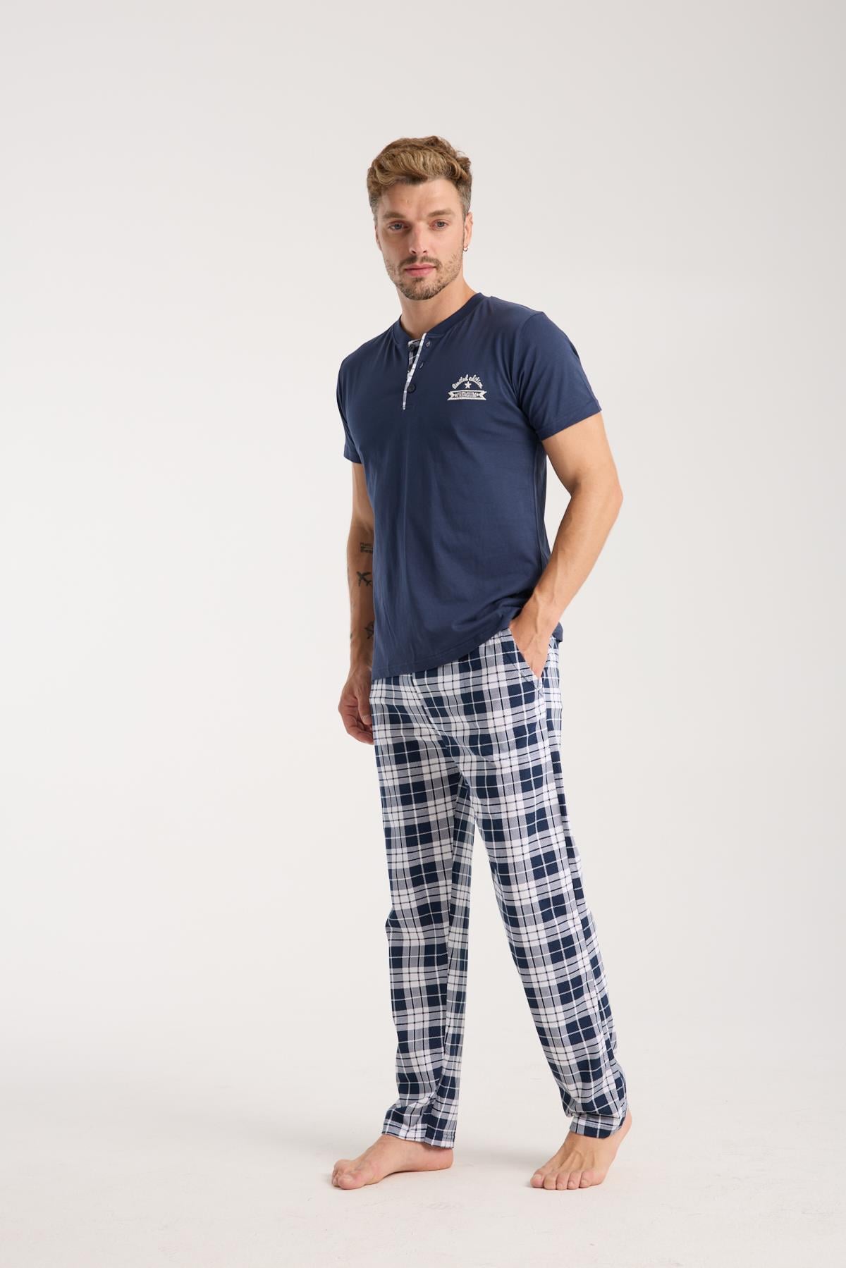 Akbeniz Erkek Lacivert Düğmeli Yaka Kısa Kol Pijama Takımı