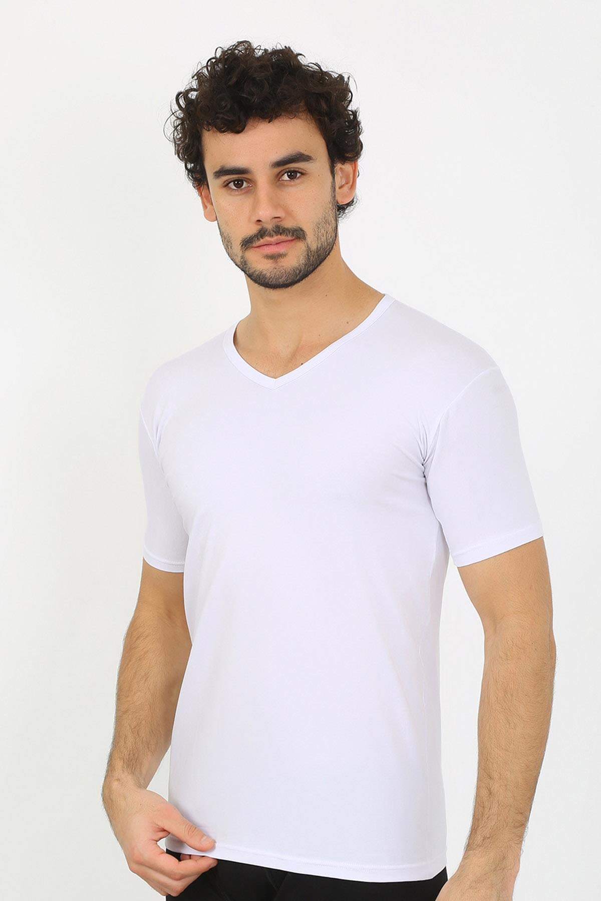 Akbeniz Erkek Likralı V Yaka Beyaz T-Shirt 65700