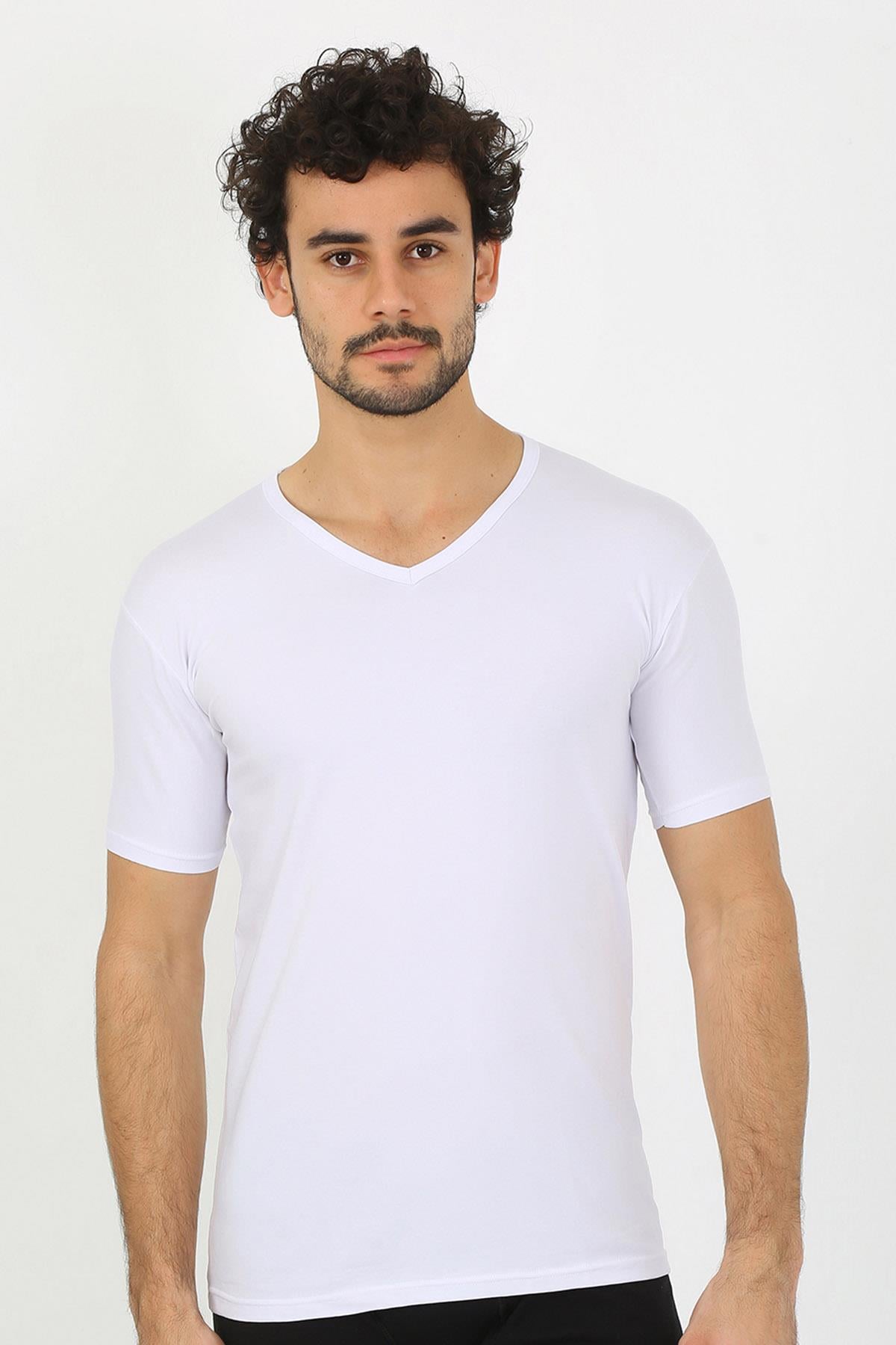 Akbeniz Erkek Likralı V Yaka Beyaz T-Shirt 65700