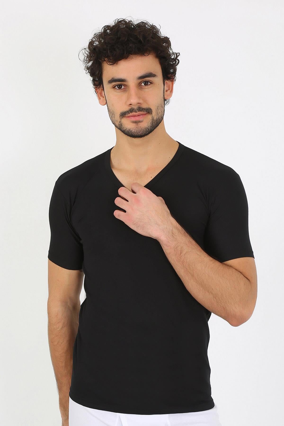 Akbeniz Erkek Likralı V Yaka Siyah T-Shirt 65700