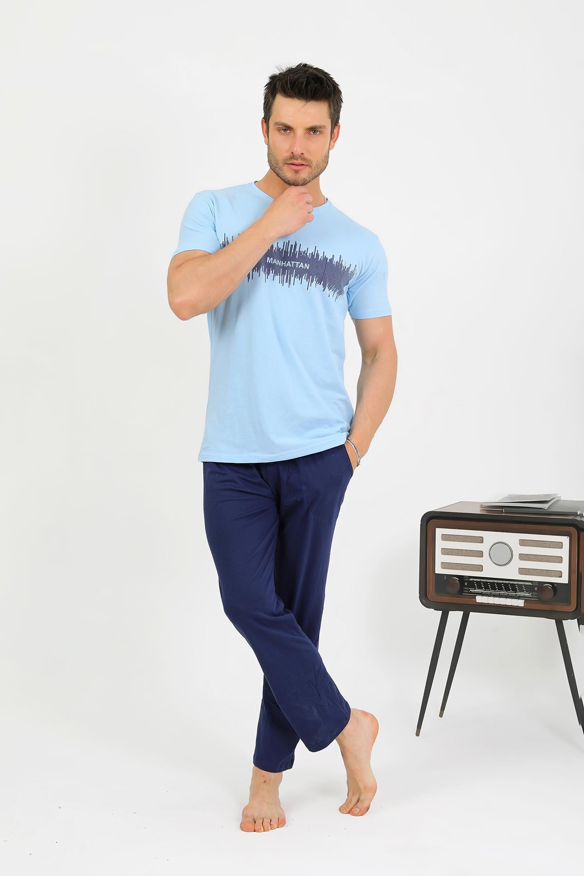 Akbeniz Erkek Pamuk Kısa Kol Pijama Takım Mavi 6875