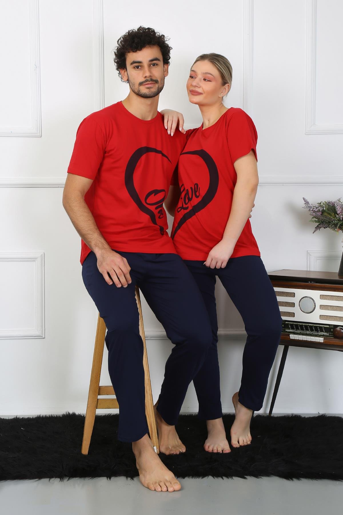 Akbeniz Erkek Pamuk Penye Sevgili Kombini Pijama Takımı Kırmızı 50128 Tek Takım Fiyatıdır