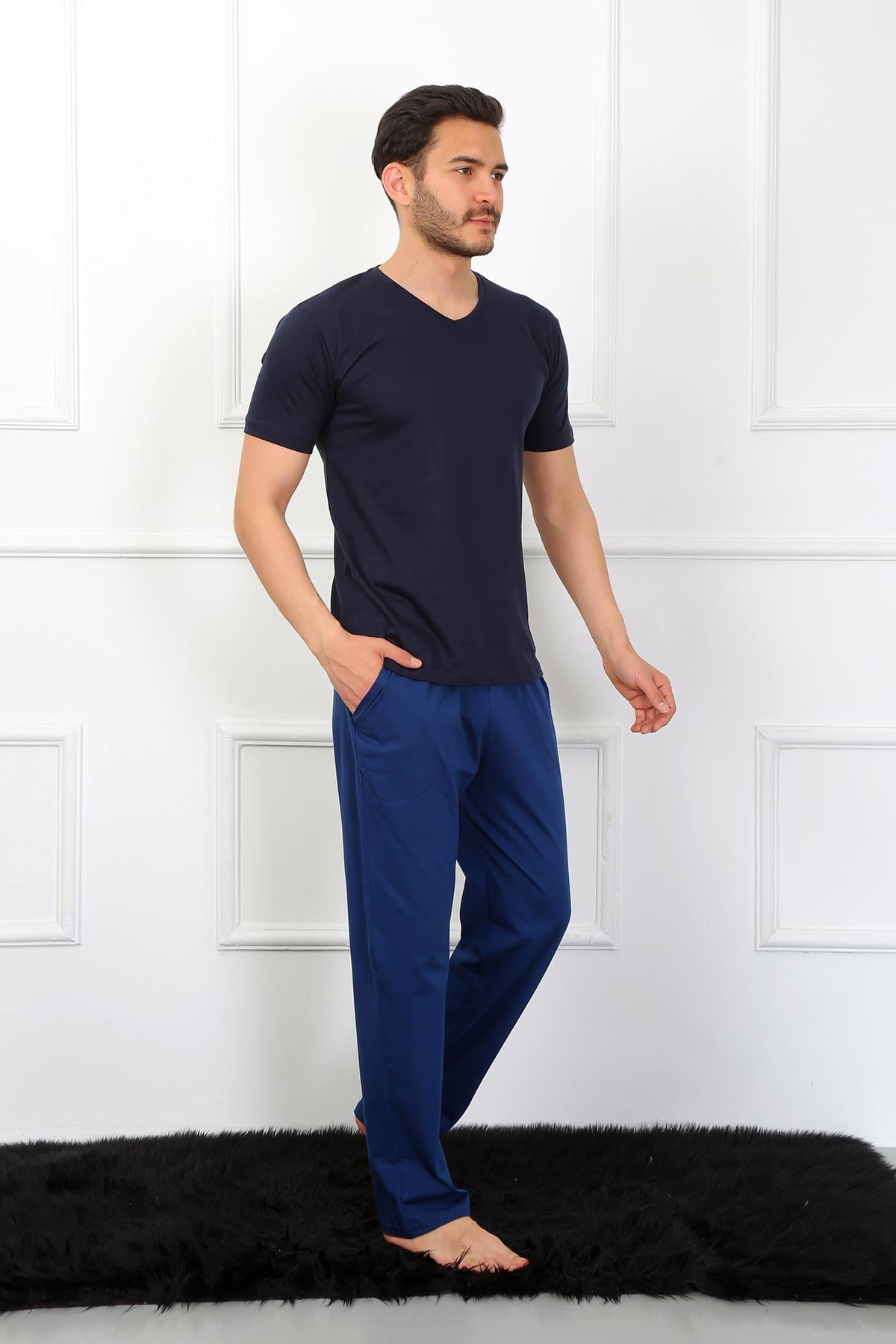 Akbeniz Erkek Penye 3lü Lacivert V Yaka Pijama Takımı 6822