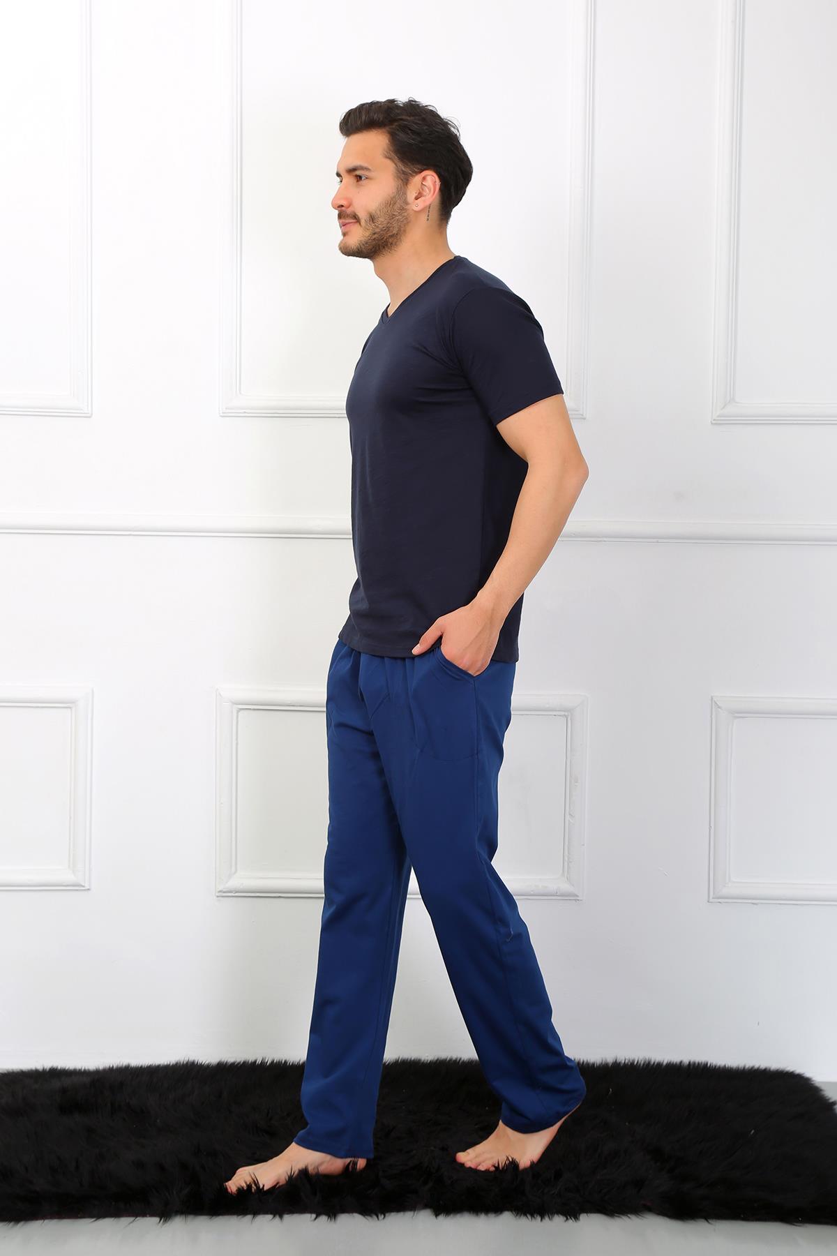Akbeniz Erkek Penye 3lü Lacivert V Yaka Pijama Takımı 6822