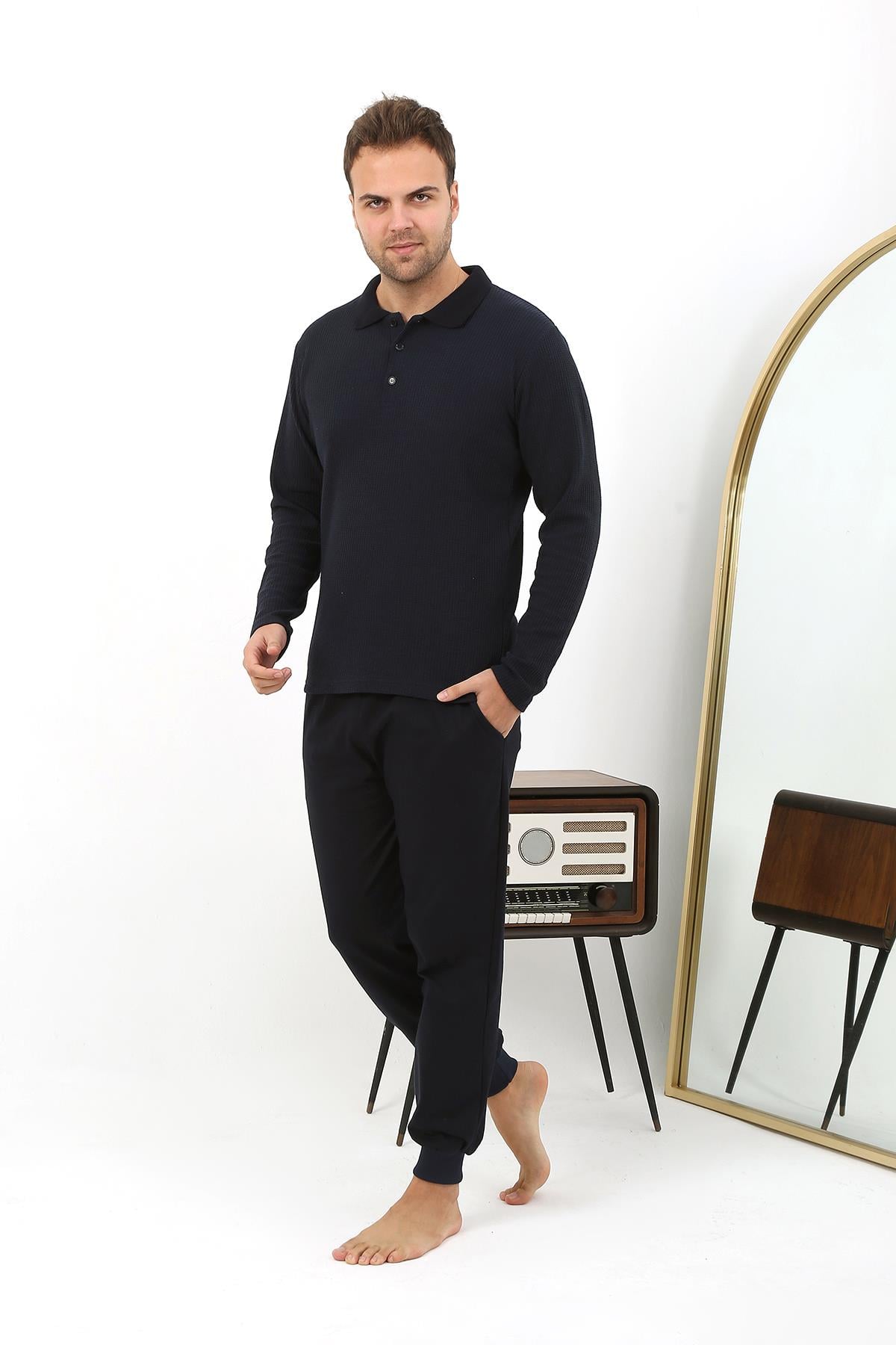 Akbeniz Erkek Polo Yaka Uzun Kol Penye Pijama Takımı 6862 Lacivert