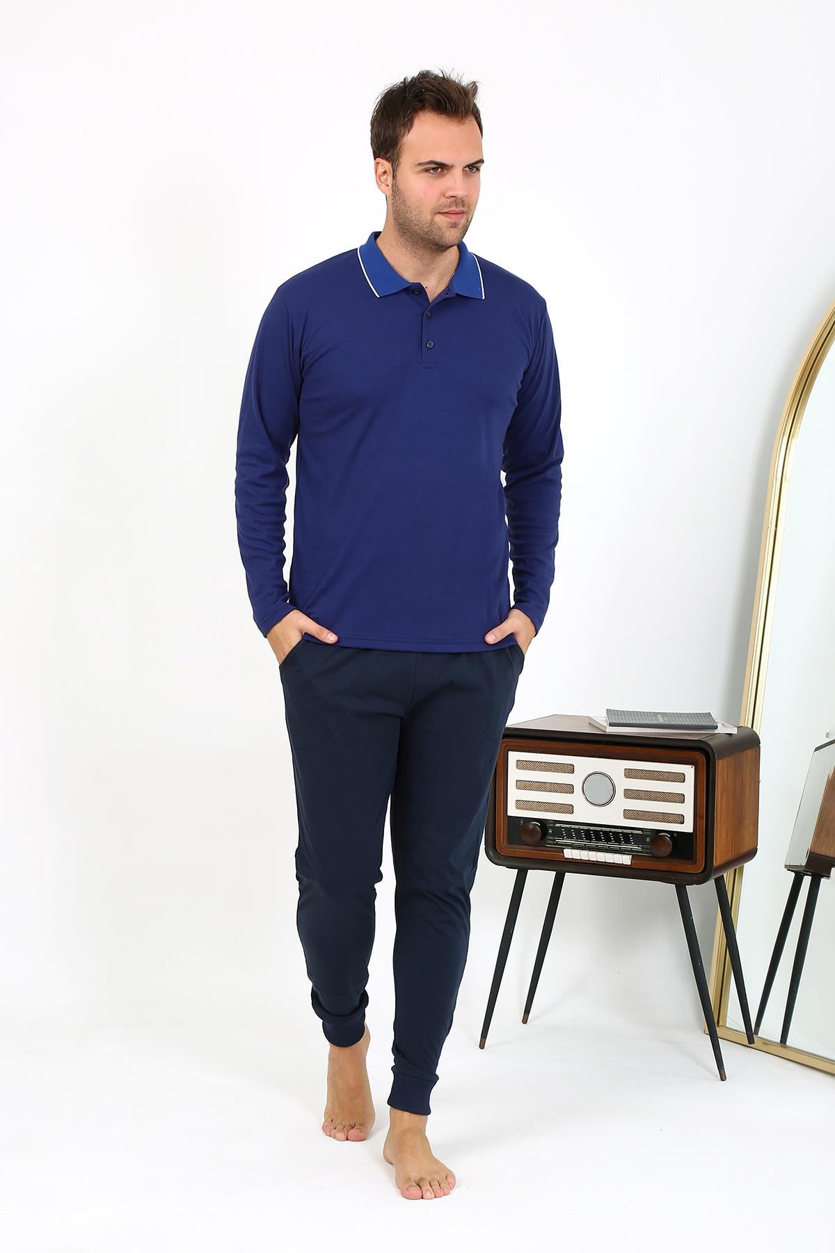 Akbeniz Erkek Polo Yaka Uzun Kol Penye Pijama Takımı Lacivert 6865