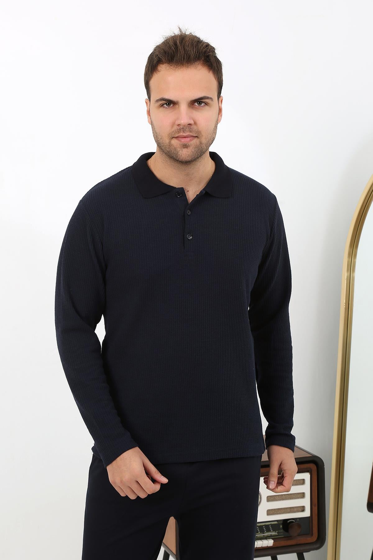 Akbeniz Erkek Polo Yaka Uzun Kol Penye Pijama Takımı 6862 Lacivert