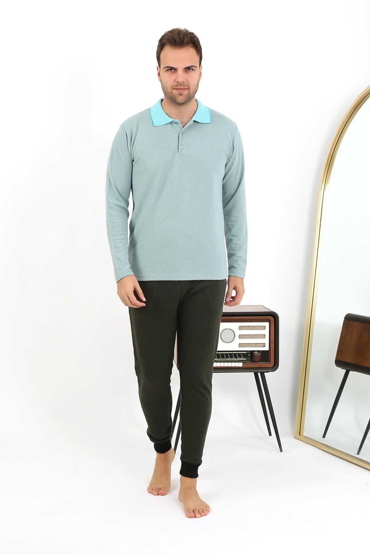 Akbeniz Erkek Polo Yaka Uzun Kol Penye Pijama Takımı 6862 Su Yeşili