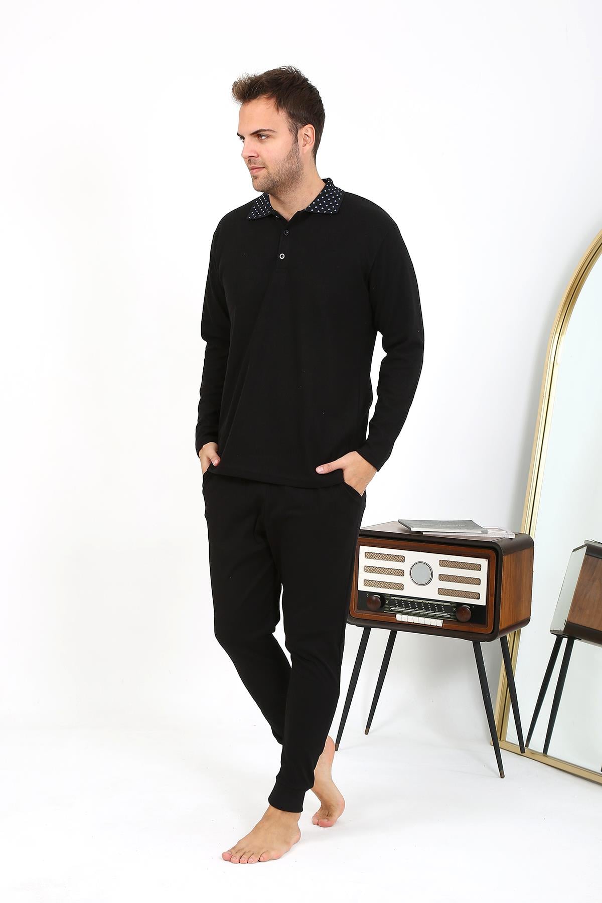 Akbeniz Erkek Polo Yaka Uzun Kol Penye Pijama Takımı Siyah 6864