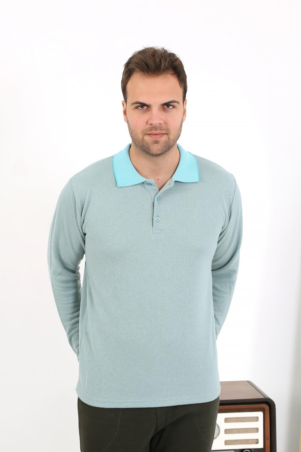 Akbeniz Erkek Polo Yaka Uzun Kol Penye Pijama Takımı 6862 Su Yeşili
