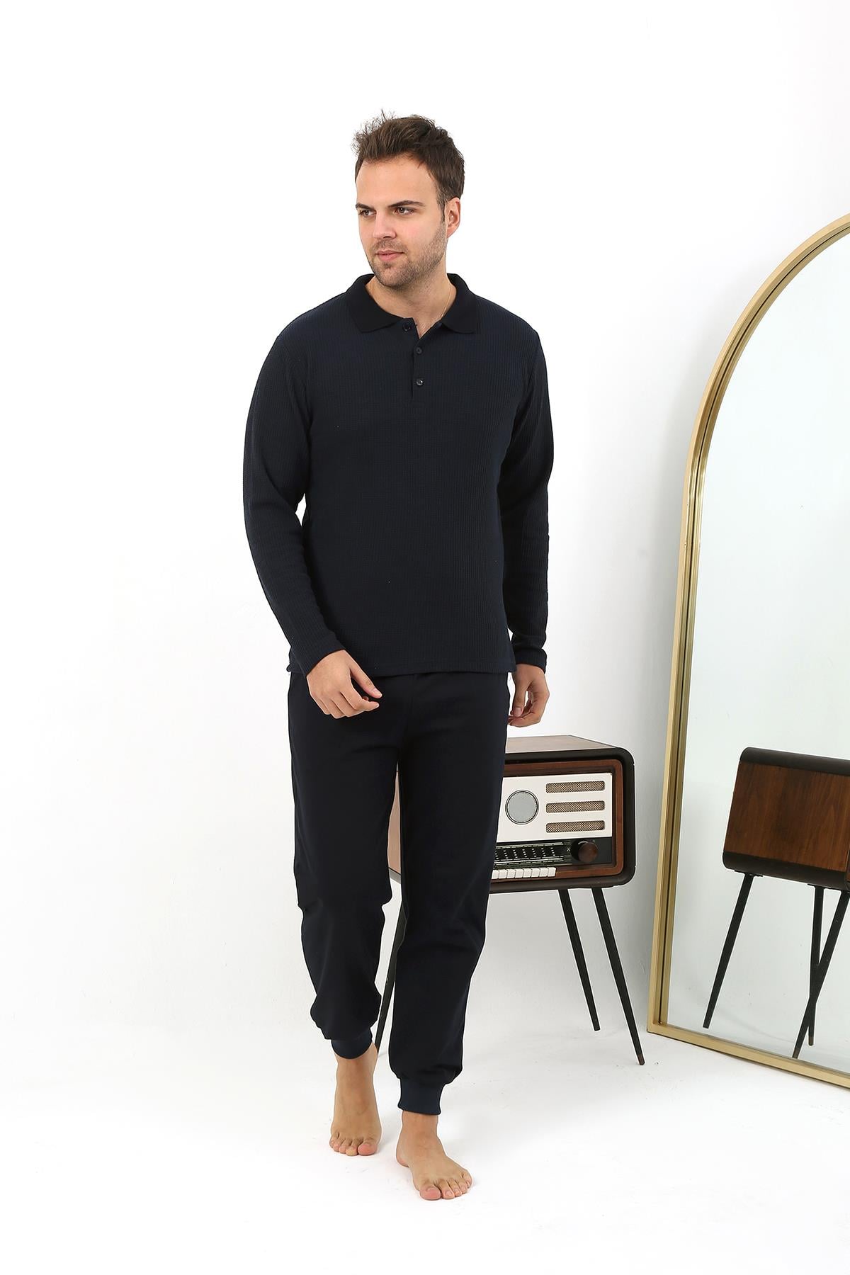 Akbeniz Erkek Polo Yaka Uzun Kol Penye Pijama Takımı 6862 Lacivert