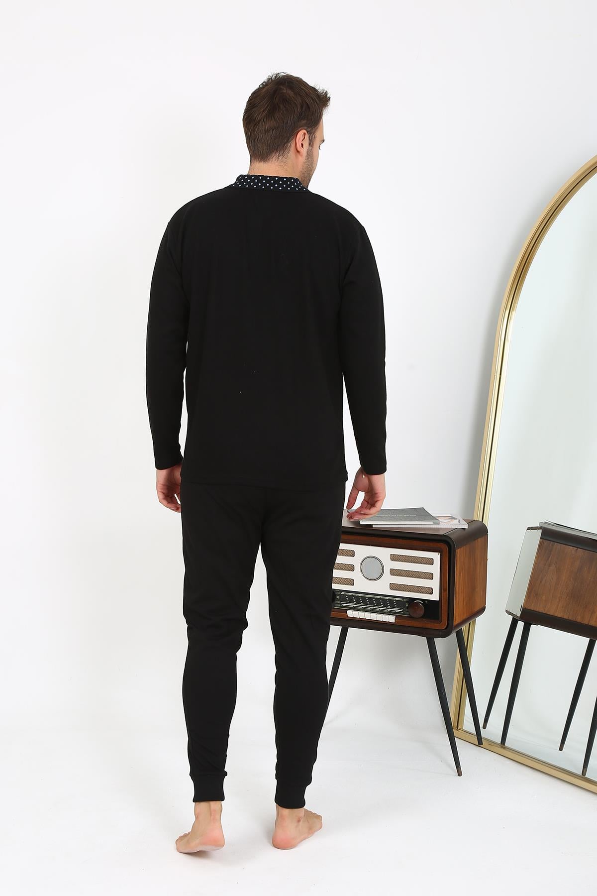 Akbeniz Erkek Polo Yaka Uzun Kol Penye Pijama Takımı Siyah 6864