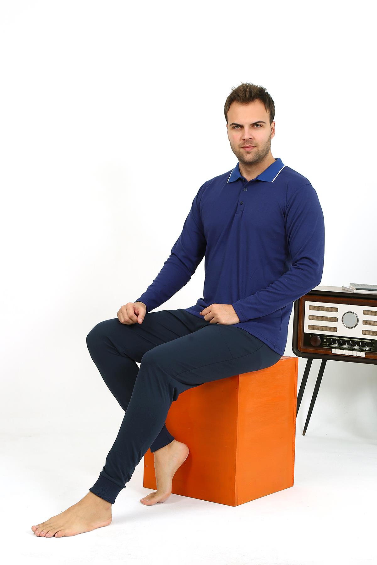 Akbeniz Erkek Polo Yaka Uzun Kol Penye Pijama Takımı Lacivert 6865