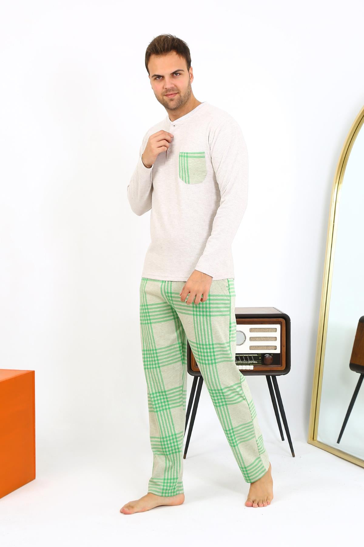 Akbeniz Erkek Uzun Kol Penye Krem Pijama Takımı 6861
