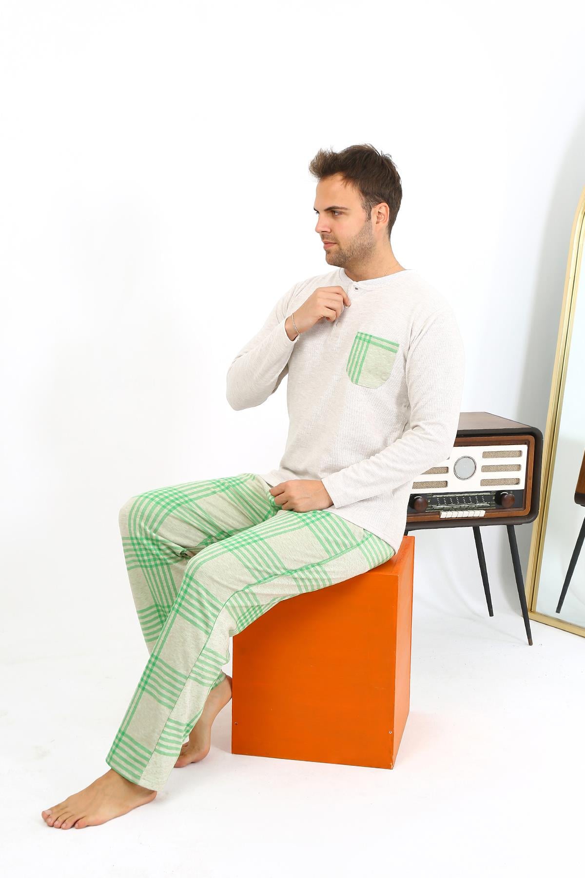Akbeniz Erkek Uzun Kol Penye Krem Pijama Takımı 6861
