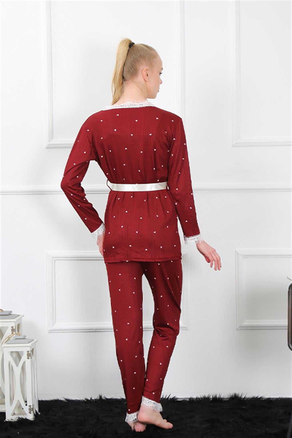 Akbeniz Kadın 3lü Bordo Sabahlık Pijama Takım 16103