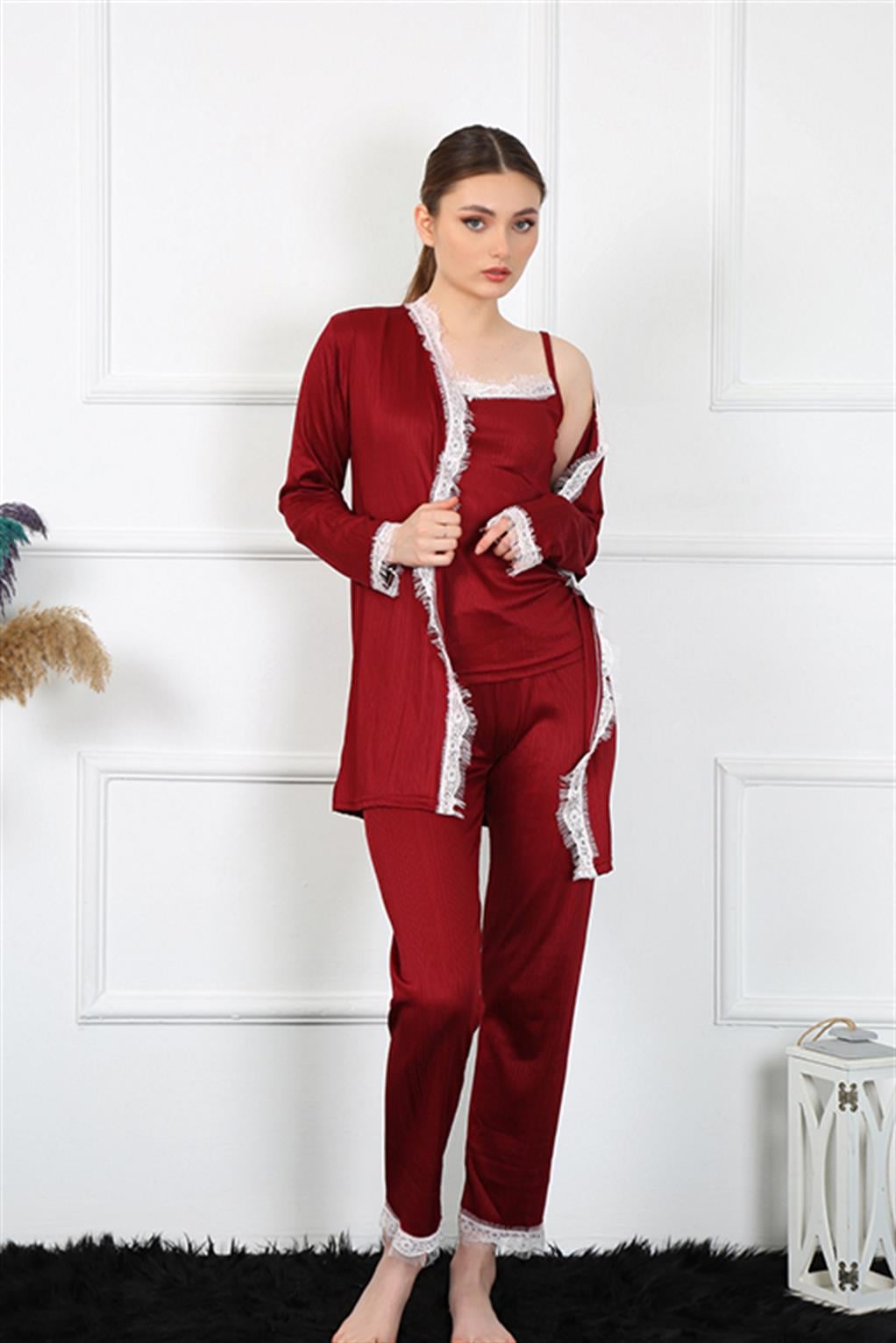Akbeniz Kadın 3lü Bordo Sabahlık Takım 16108