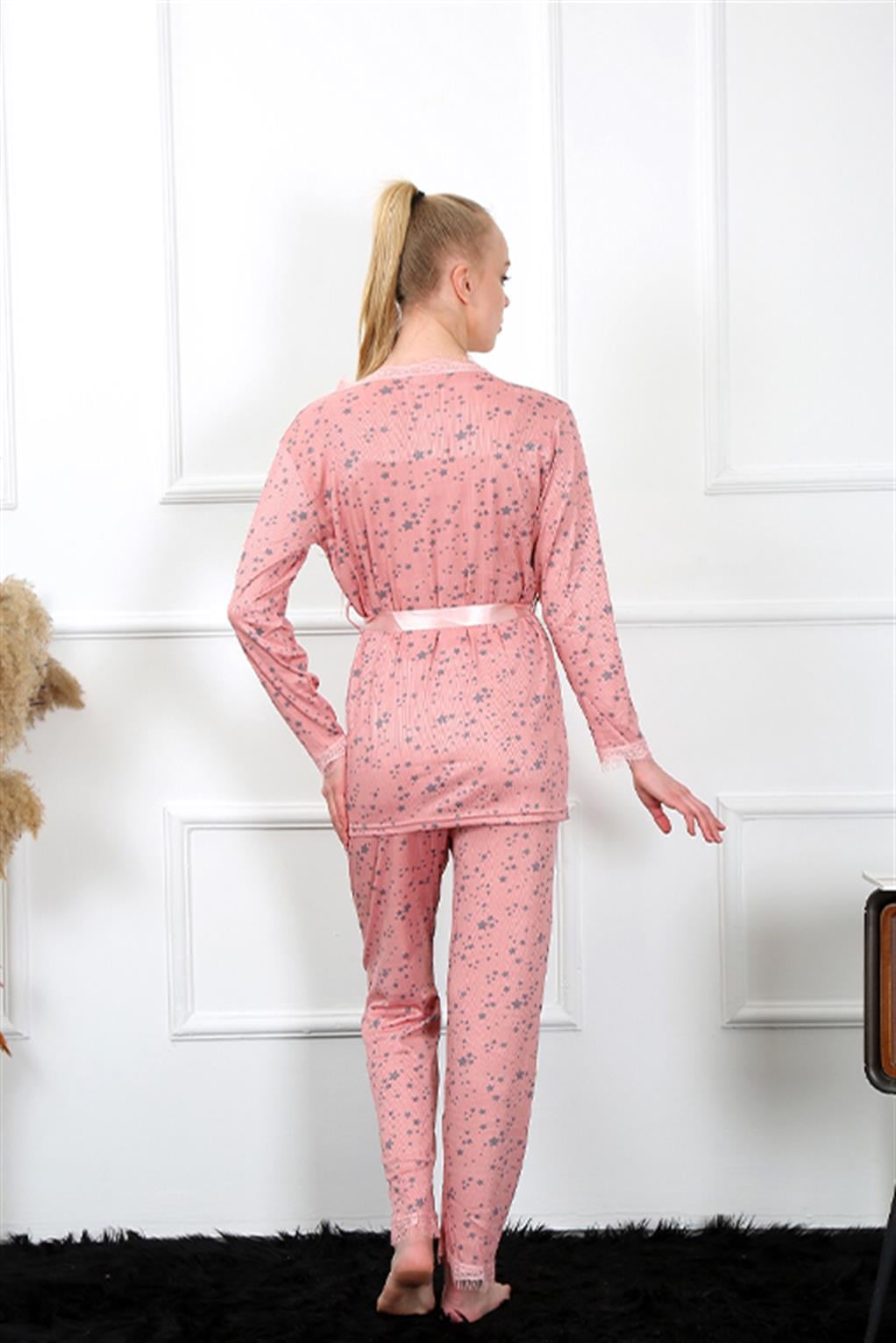 Akbeniz Kadın 3lü Gül Kurusu Sabahlık Pijama Takım 16103