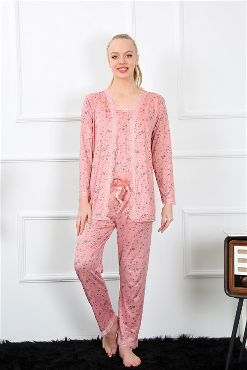 Akbeniz Kadın 3lü Gül Kurusu Sabahlık Pijama Takım 16103