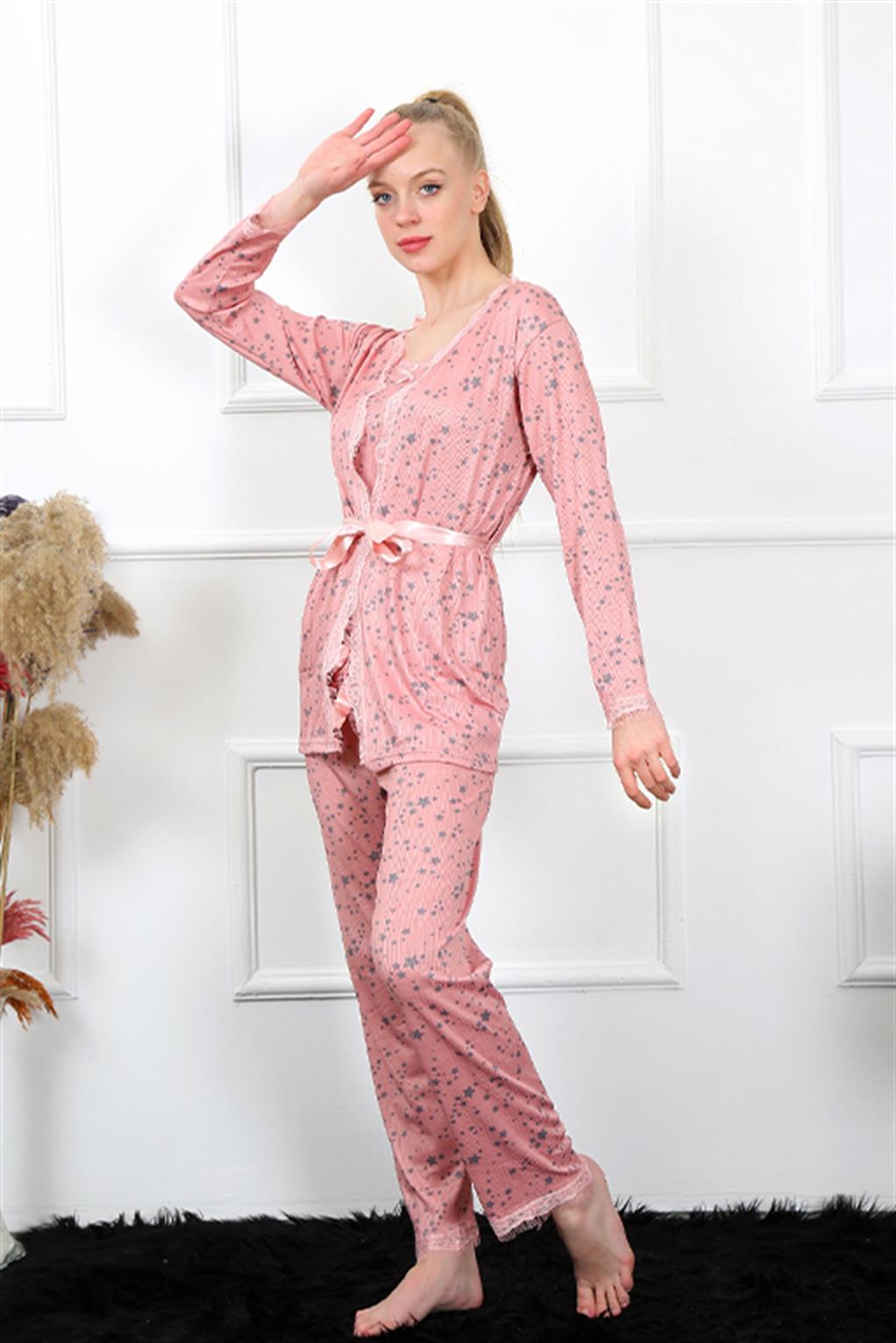 Akbeniz Kadın 3lü Gül Kurusu Sabahlık Pijama Takım 16103