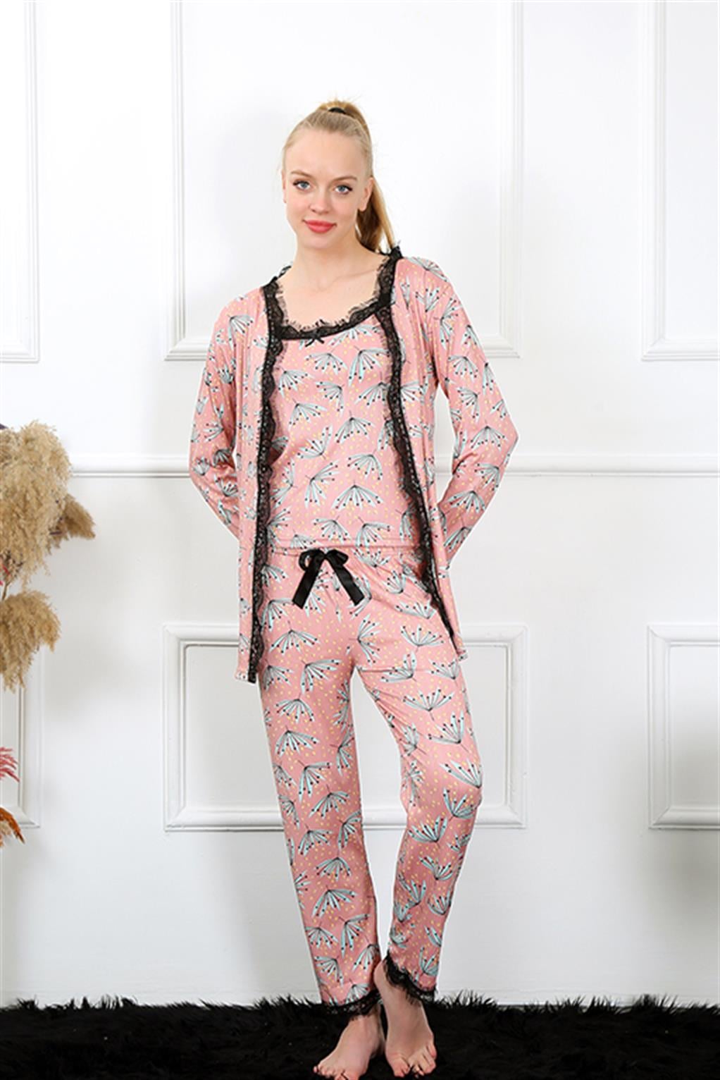 Akbeniz Kadın 3lü Somon Sabahlık Pijama Takım 16103