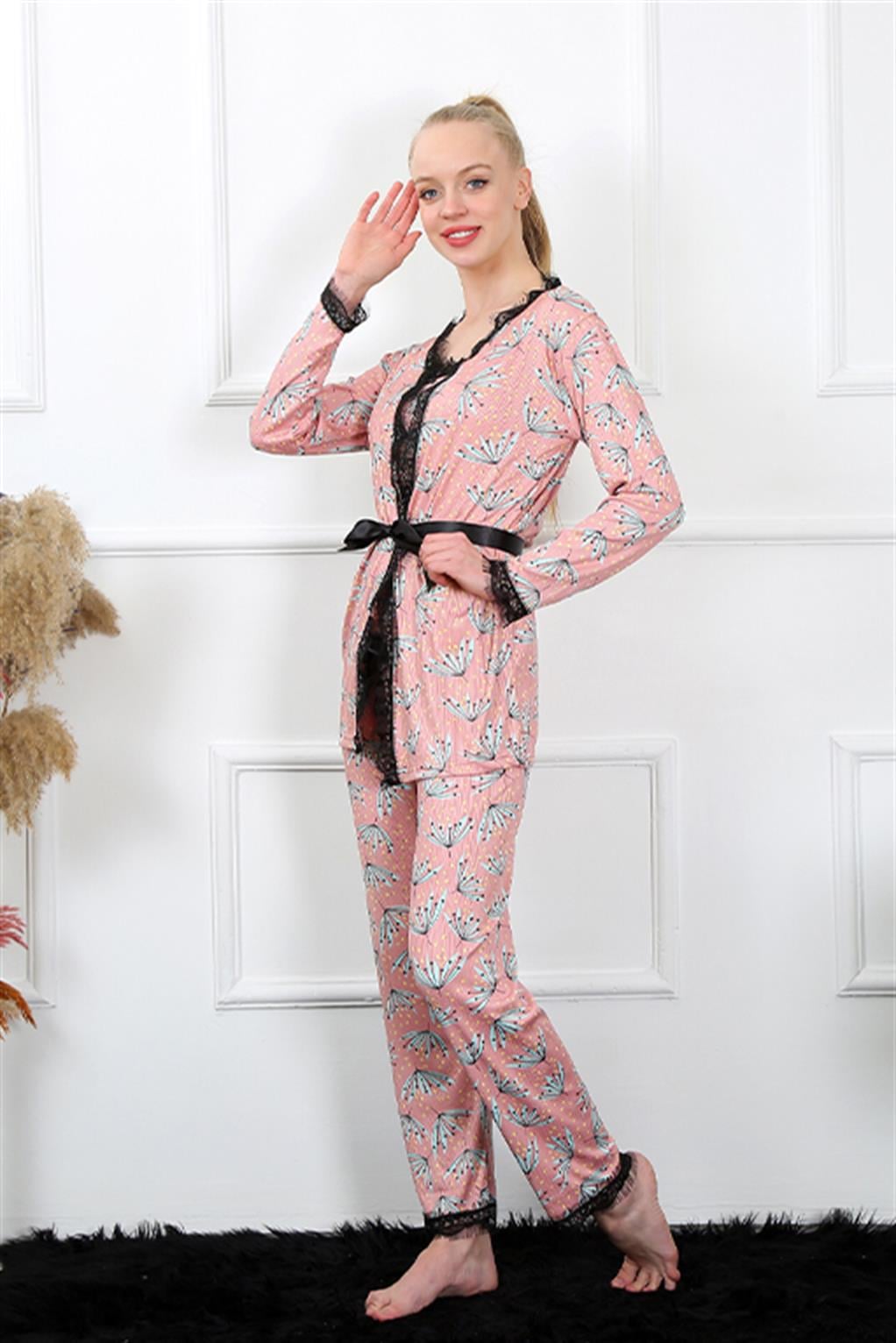 Akbeniz Kadın 3lü Somon Sabahlık Pijama Takım 16103