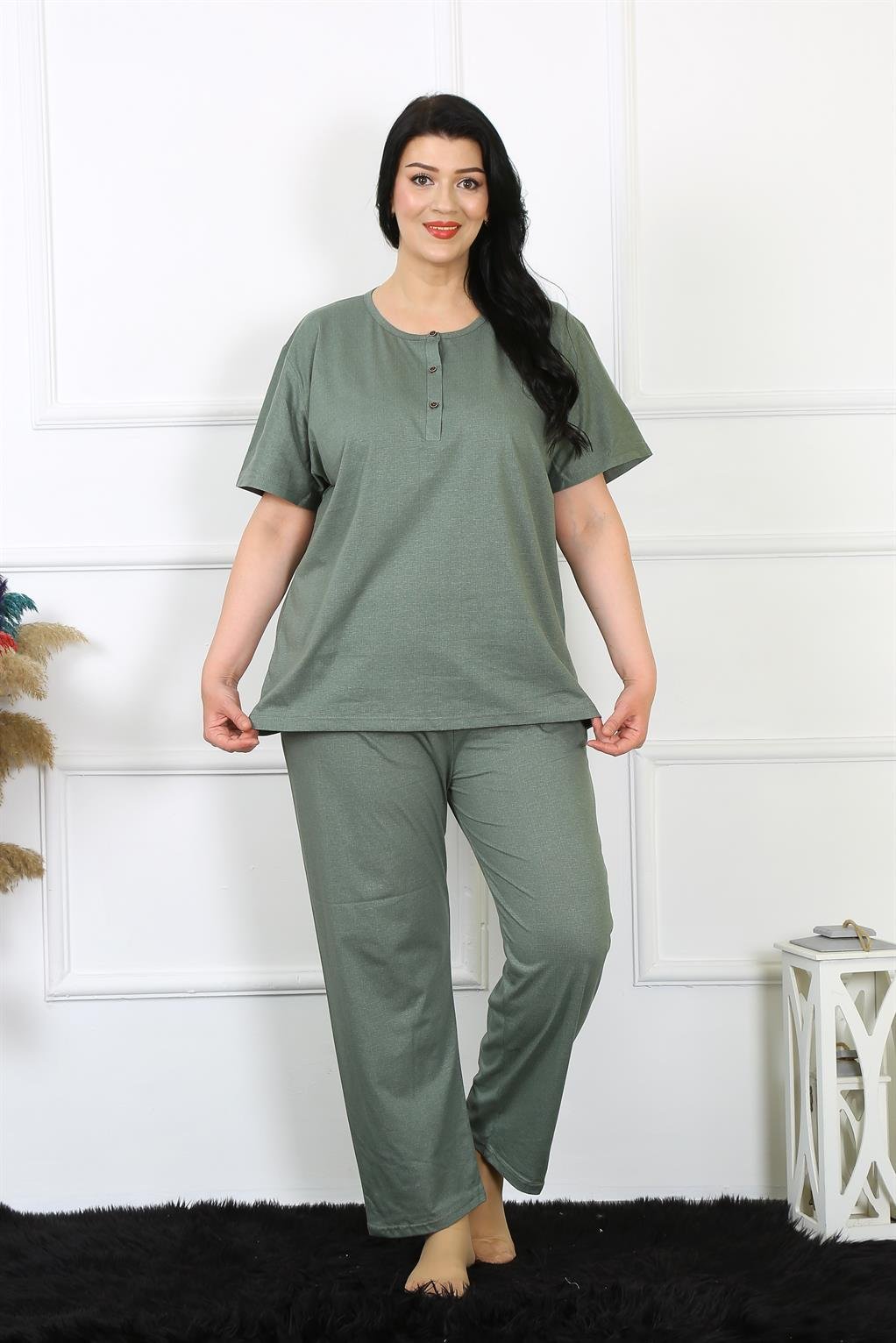 Akbeniz Kadın 5XL-6XL-7XL-8XL Büyük Beden Yeşil Kısa Kol Pijama Takım 75012