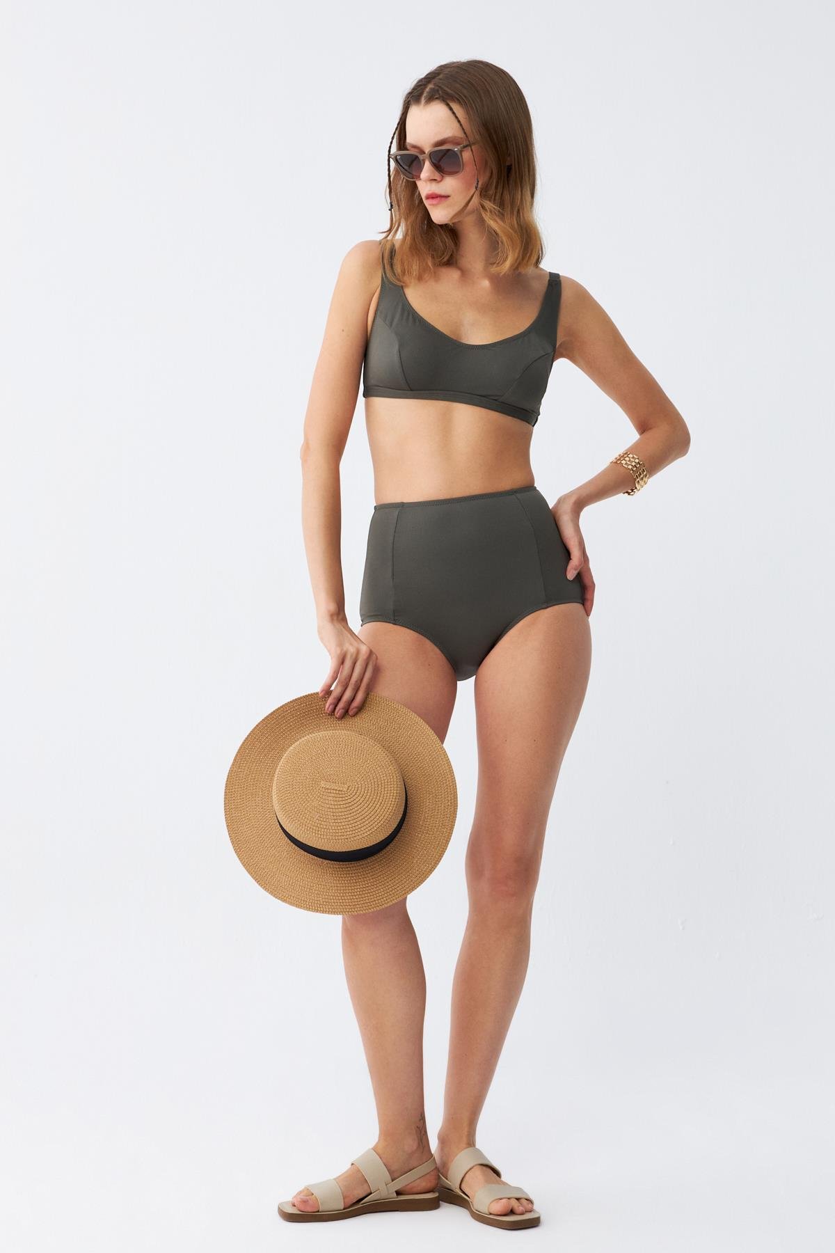 Akbeniz Kadın Basic Haki Pedli Yüksek Bel Bikini Takımı