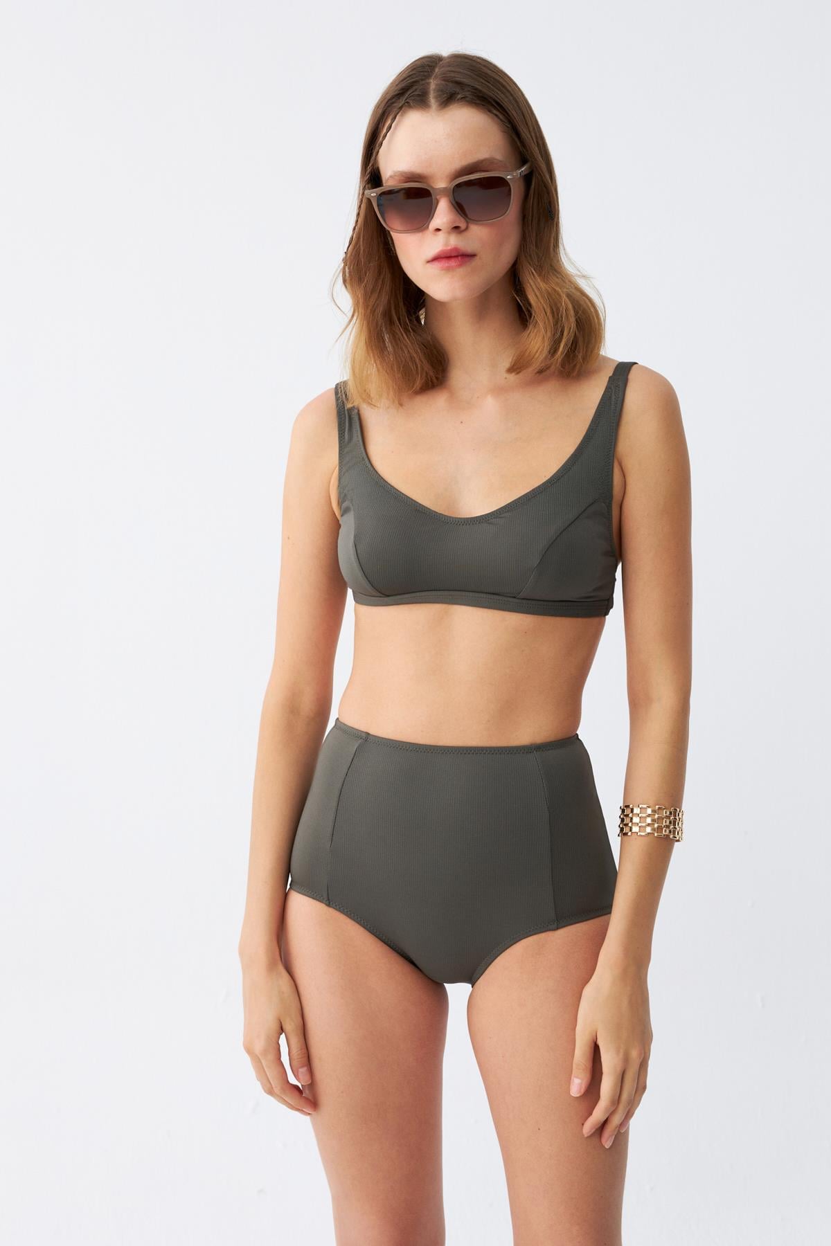 Akbeniz Kadın Basic Haki Pedli Yüksek Bel Bikini Takımı