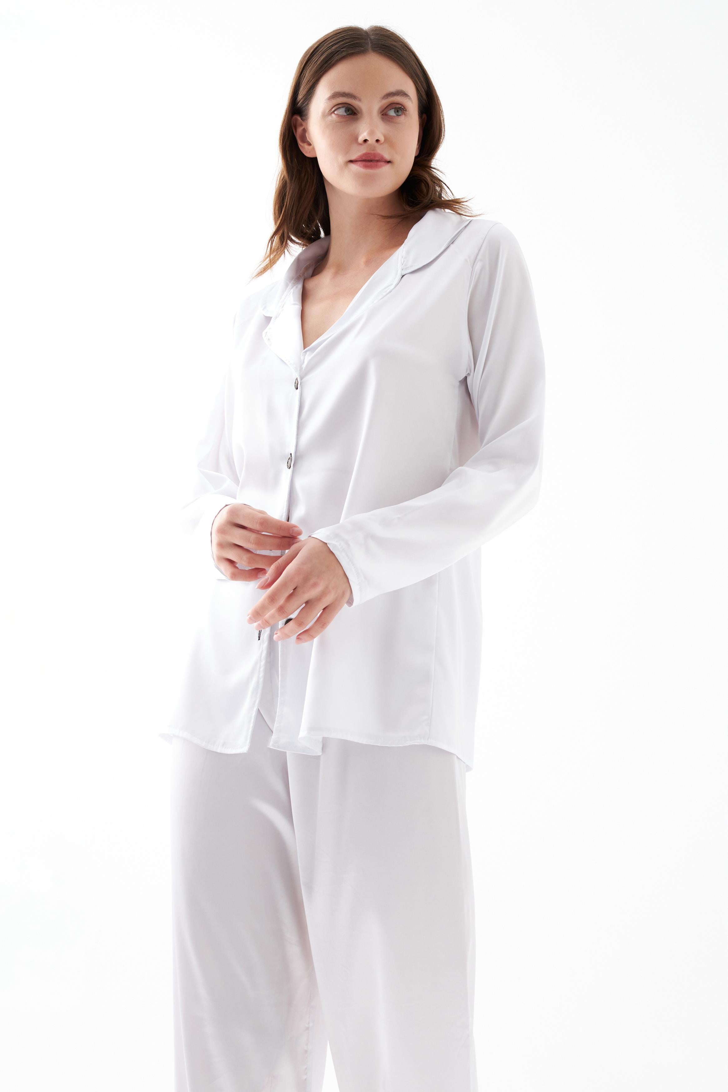 Akbeniz Kadın Beyaz Oversize Saten Pijama Takımı