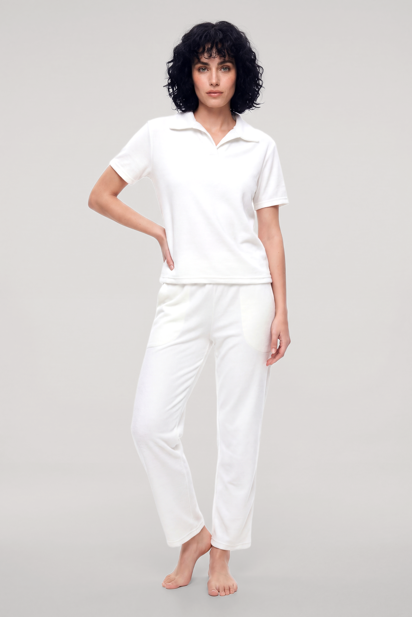 Akbeniz Kadın Beyaz Polo Yaka Pijama Takımı