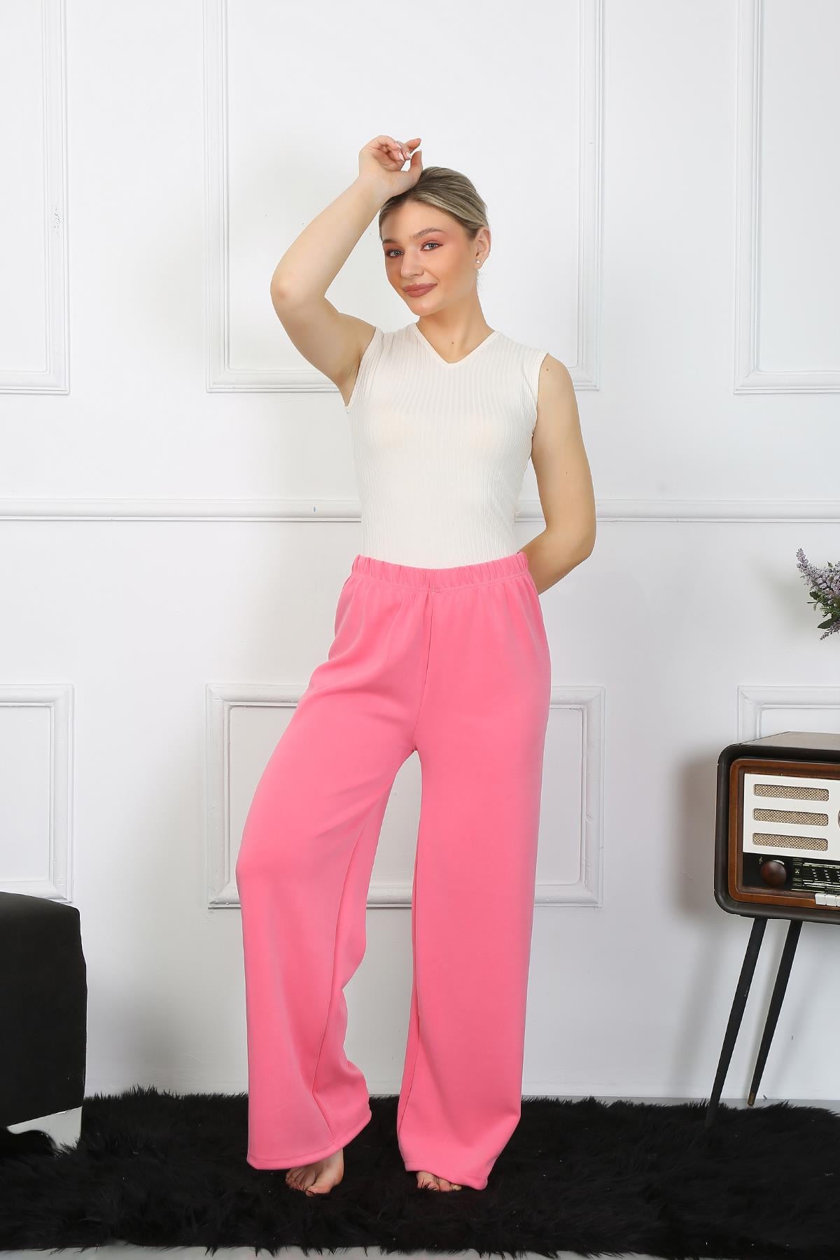 Akbeniz Kadın Bol Paça Penye Pembe Alt Üst Takım 5501