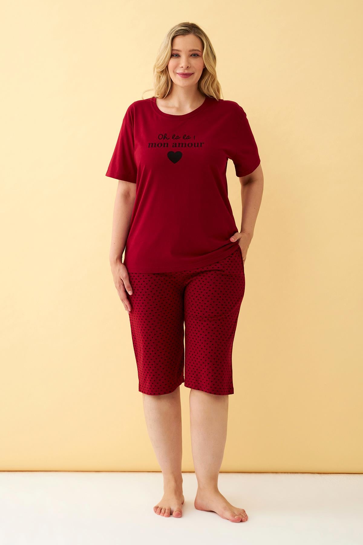 Akbeniz Kadın Bordo Kalp Desenli Büyük Beden Kapri Pijama Takımı